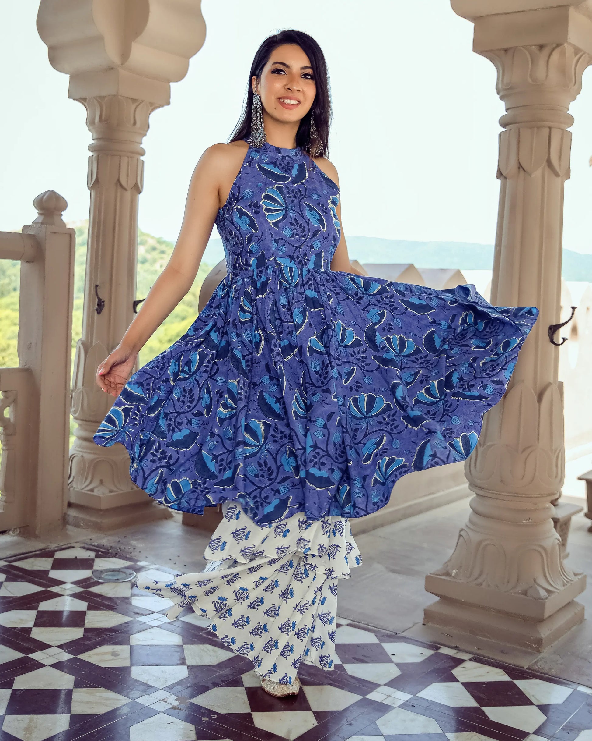 Oxford Blue Handblock Kurta Set My Store