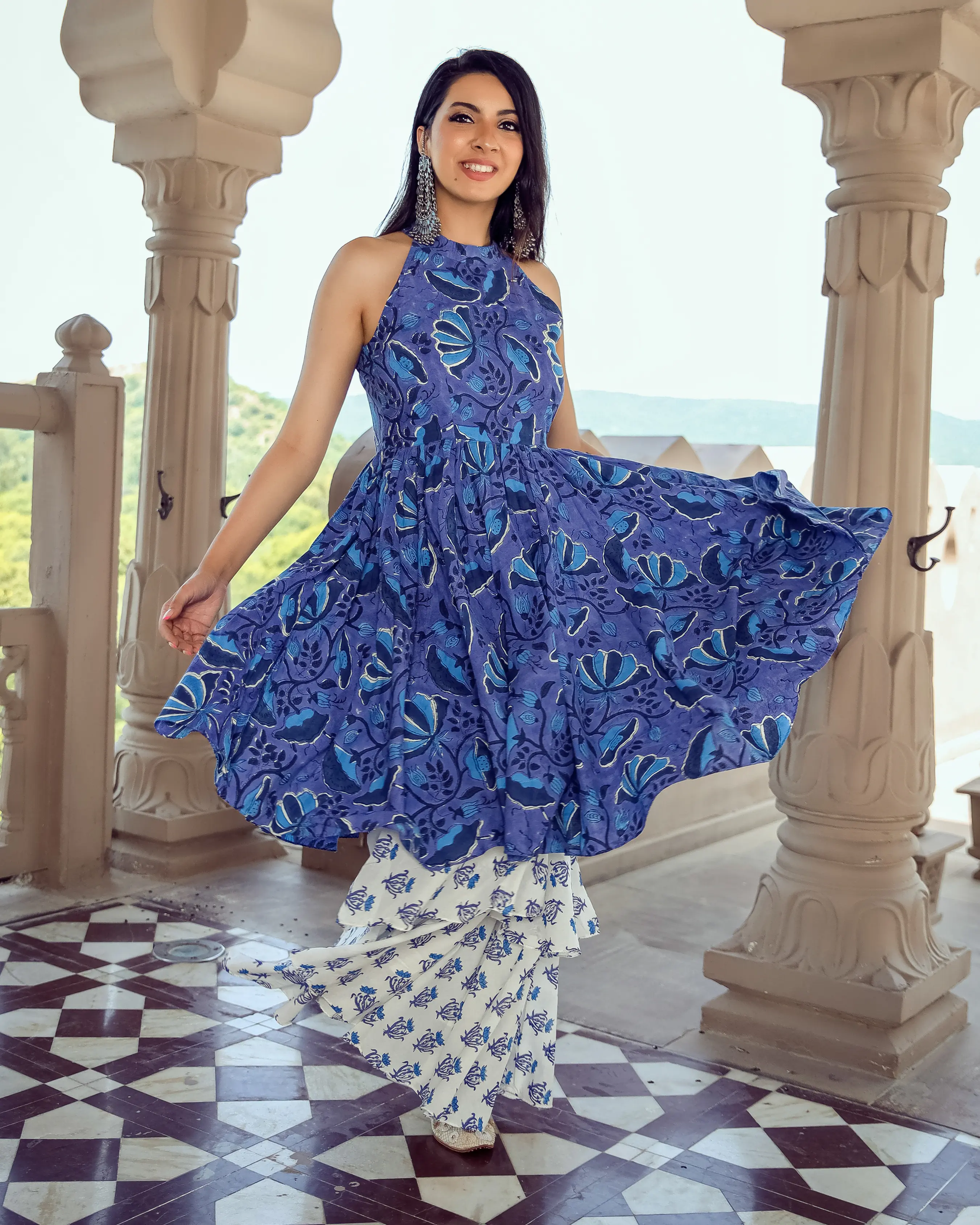 Oxford Blue Handblock Kurta Set My Store