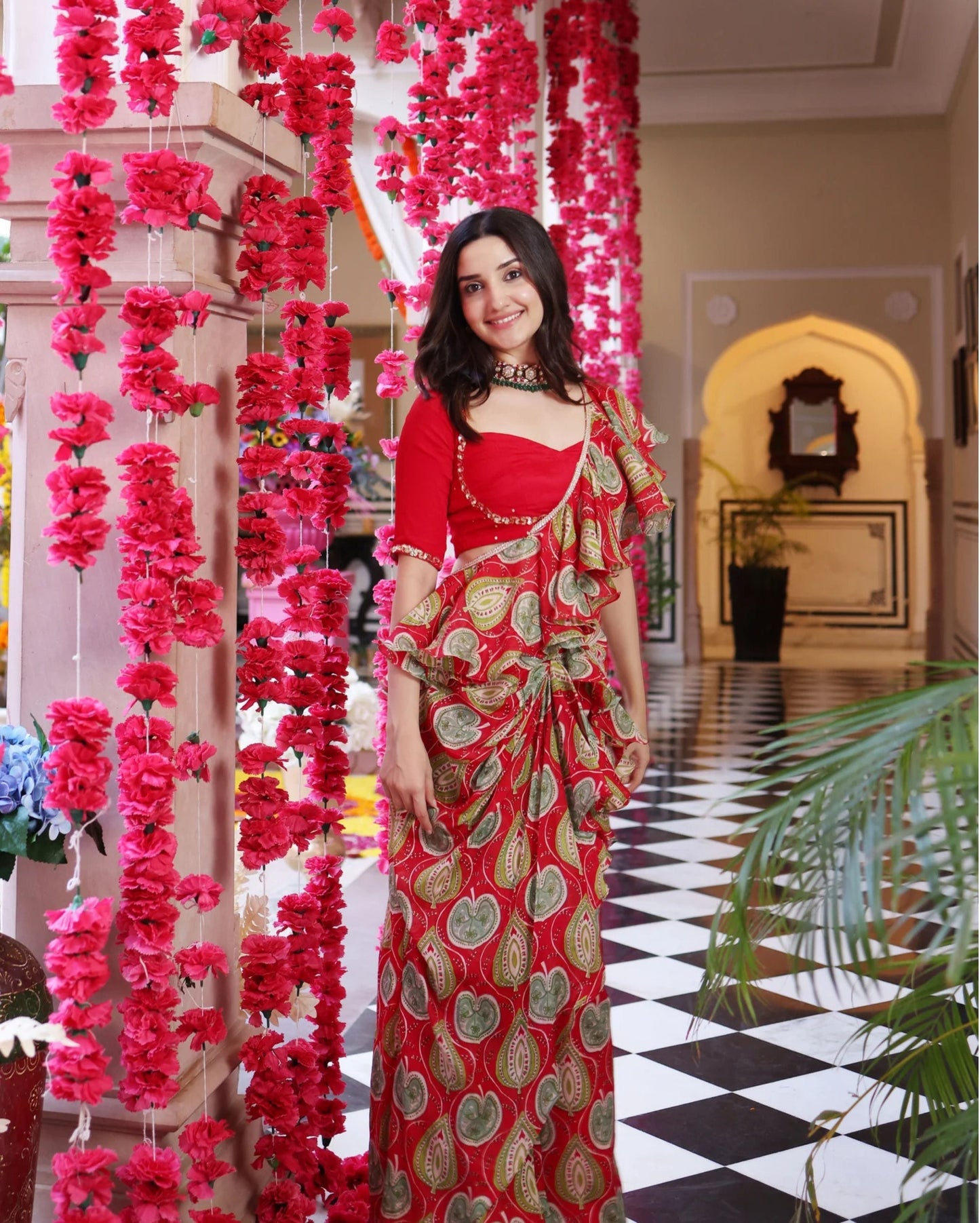 Serene Red Chinon Hand Embroidered Blouse Quick Cart