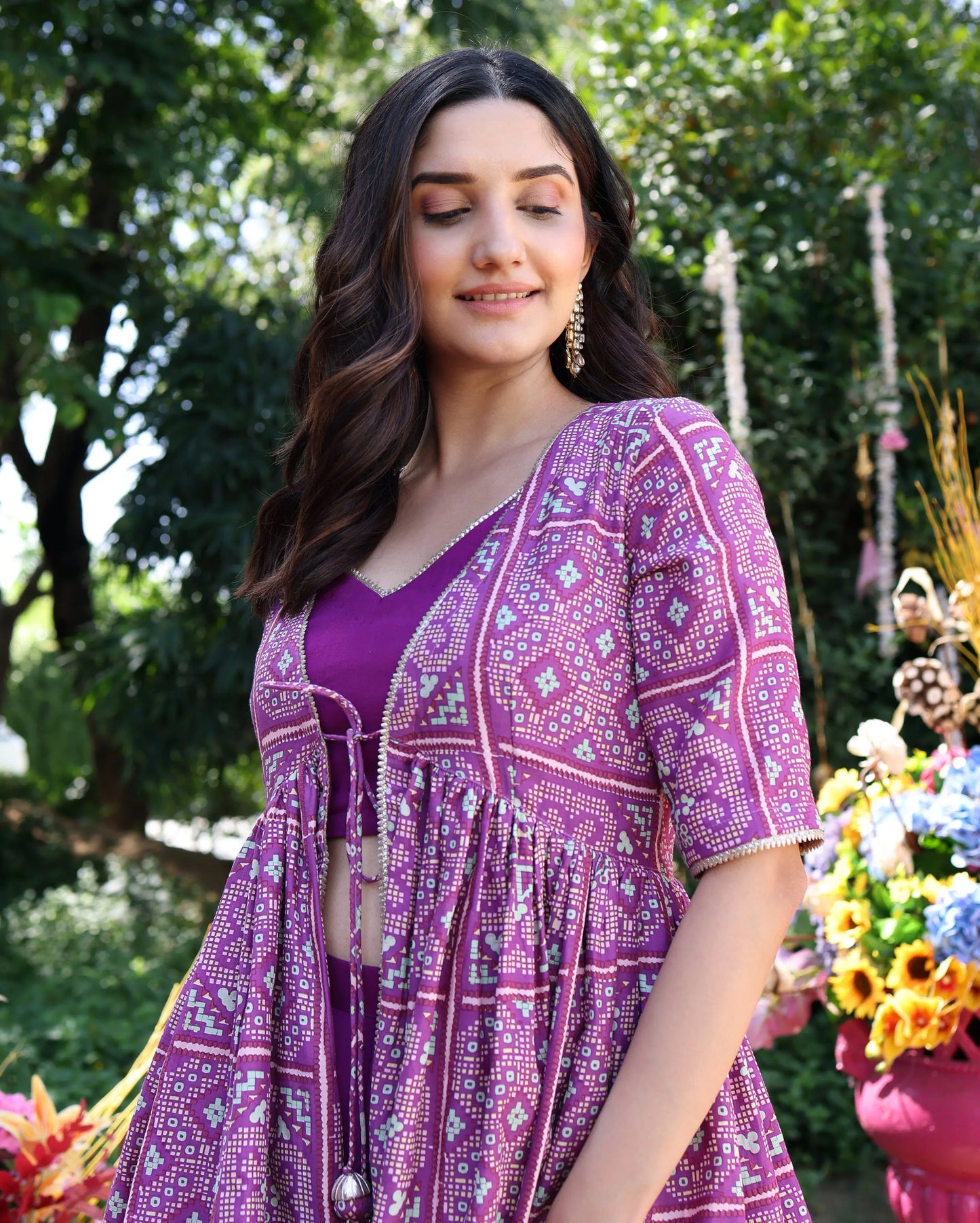 Geometric Purple Elegance Printed Satin Sharara Set My Store
