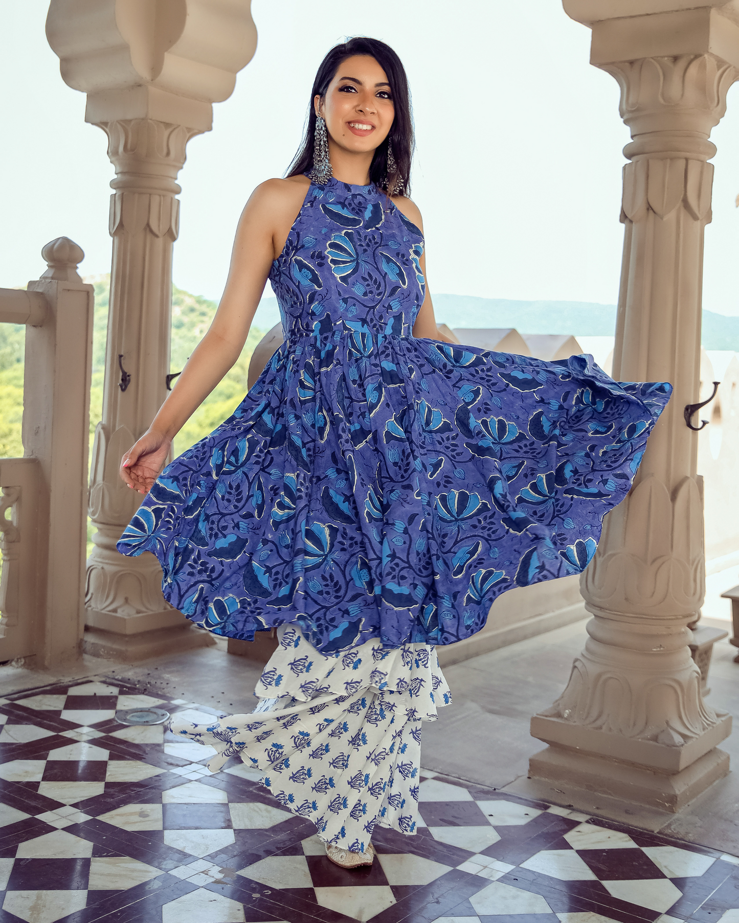 Oxford Blue Handblock Kurta Set Quick Cart