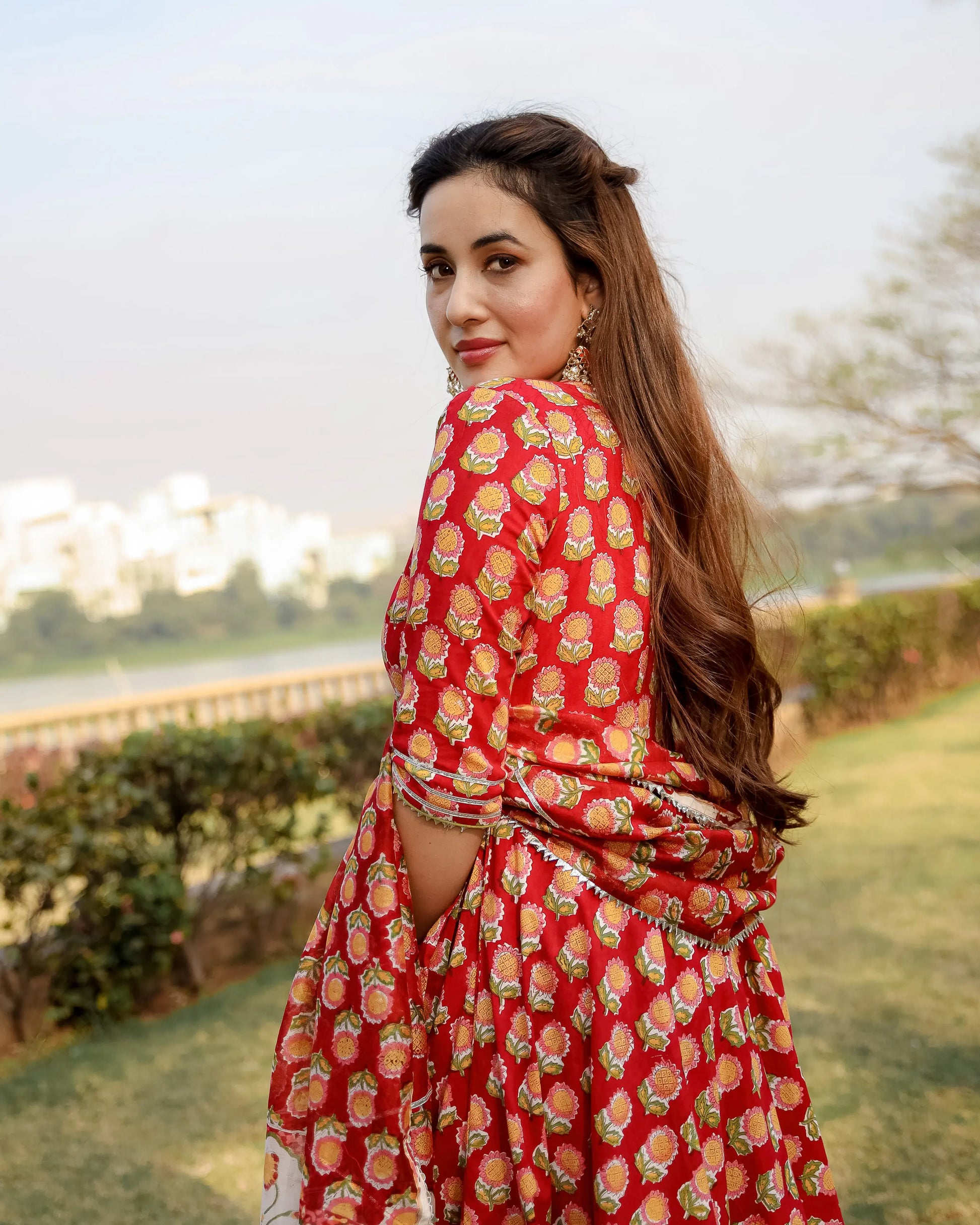 Red Rosewood Handblock Suit Set My Store