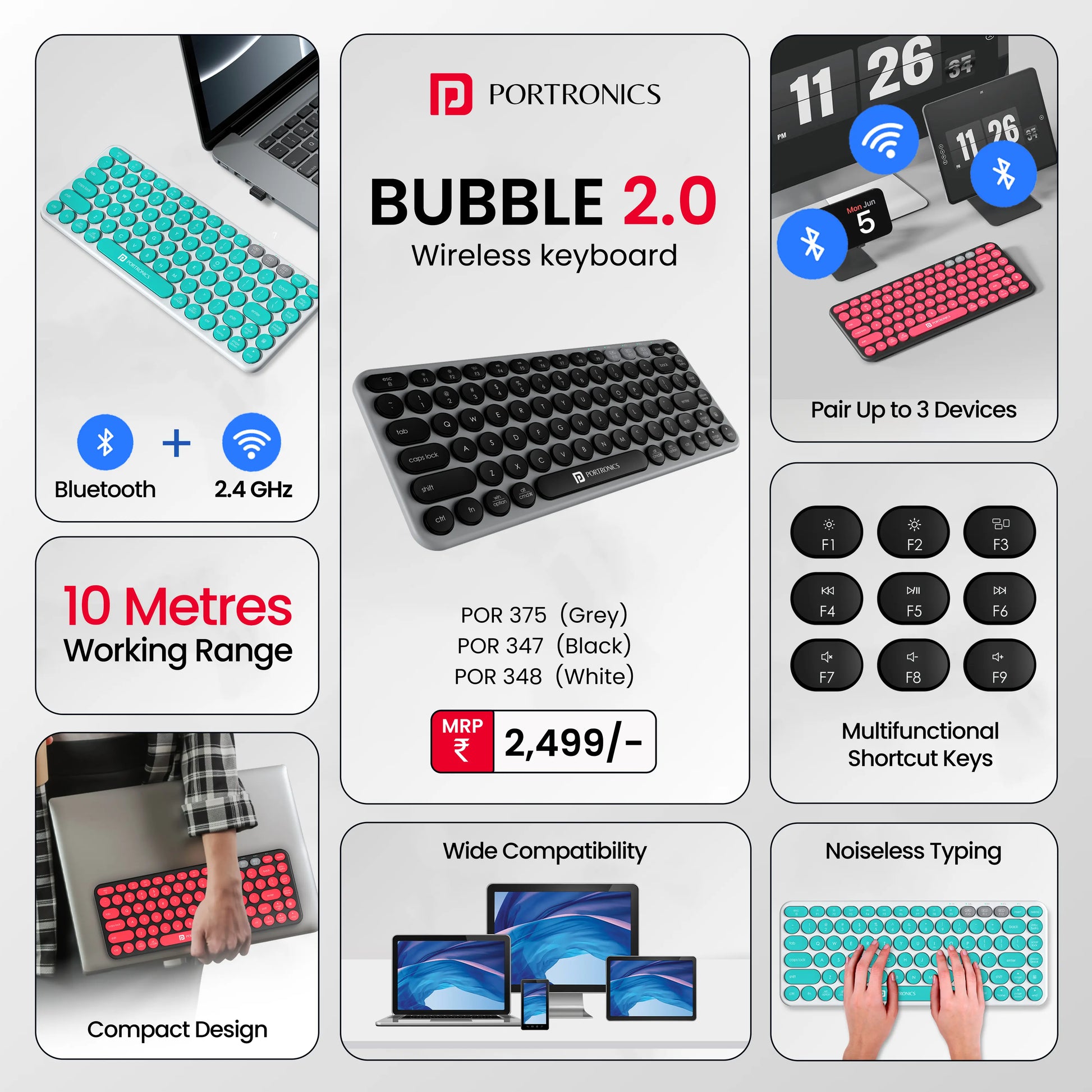 Portronics Bubble 2.0 Wireless Keyboard with Bluetooth + 2.4 GHz Receiver, Connect 3 Devices Blue