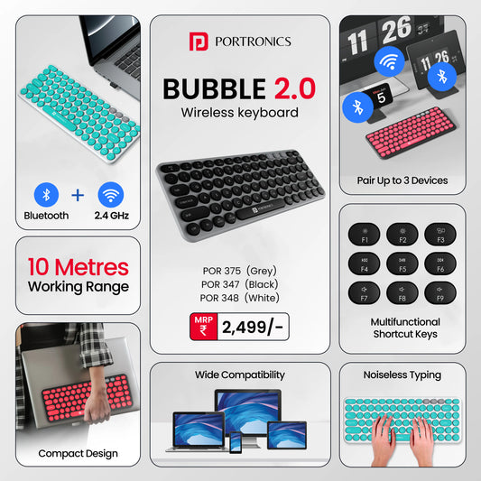 Portronics Bubble 2.0 Wireless Keyboard with Bluetooth + 2.4 GHz Receiver, Connect 3 Devices Blue
