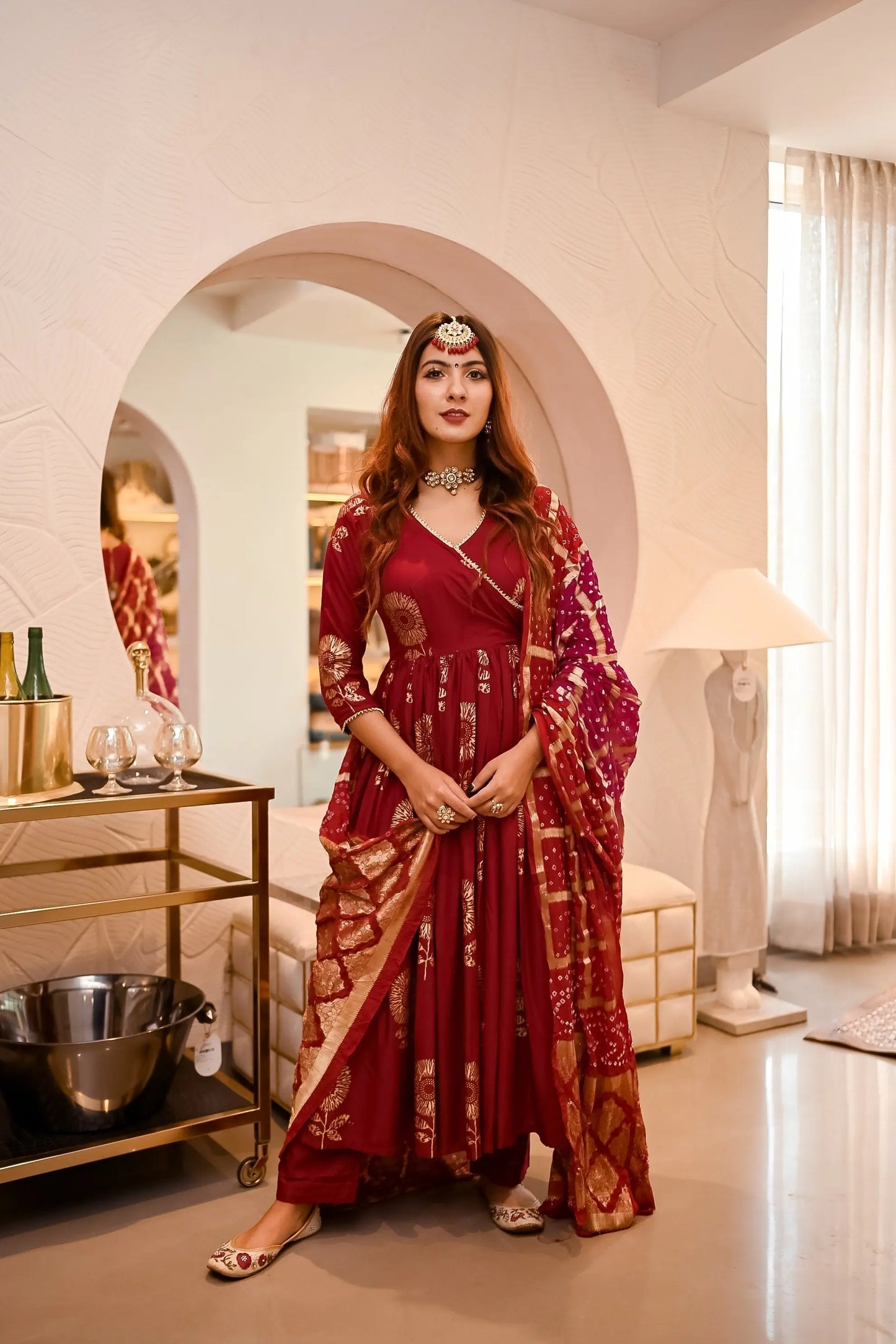 Maroon Angrakha Bandhej Suit Set My Store