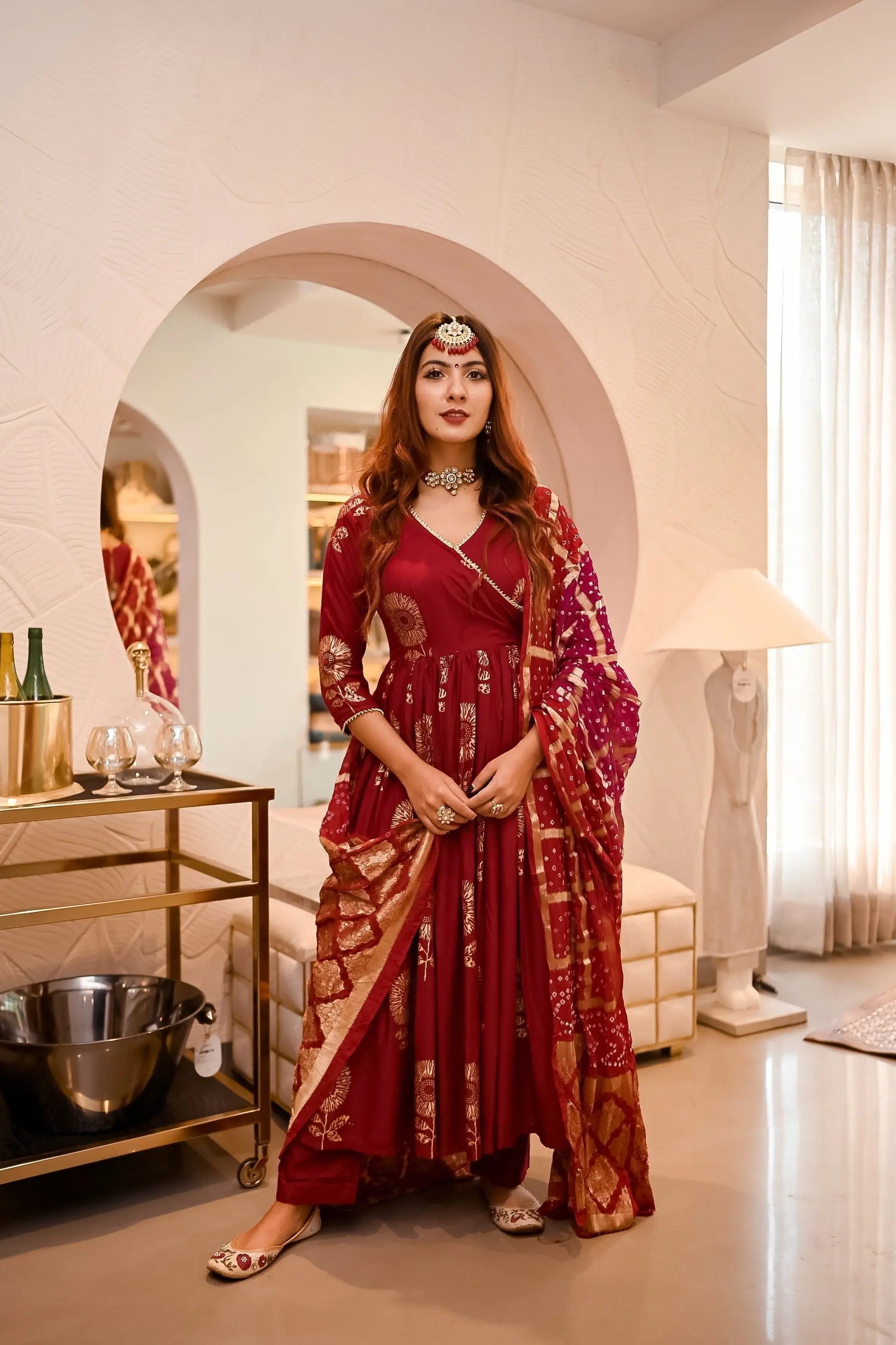 Maroon Angrakha Bandhej Suit Set My Store
