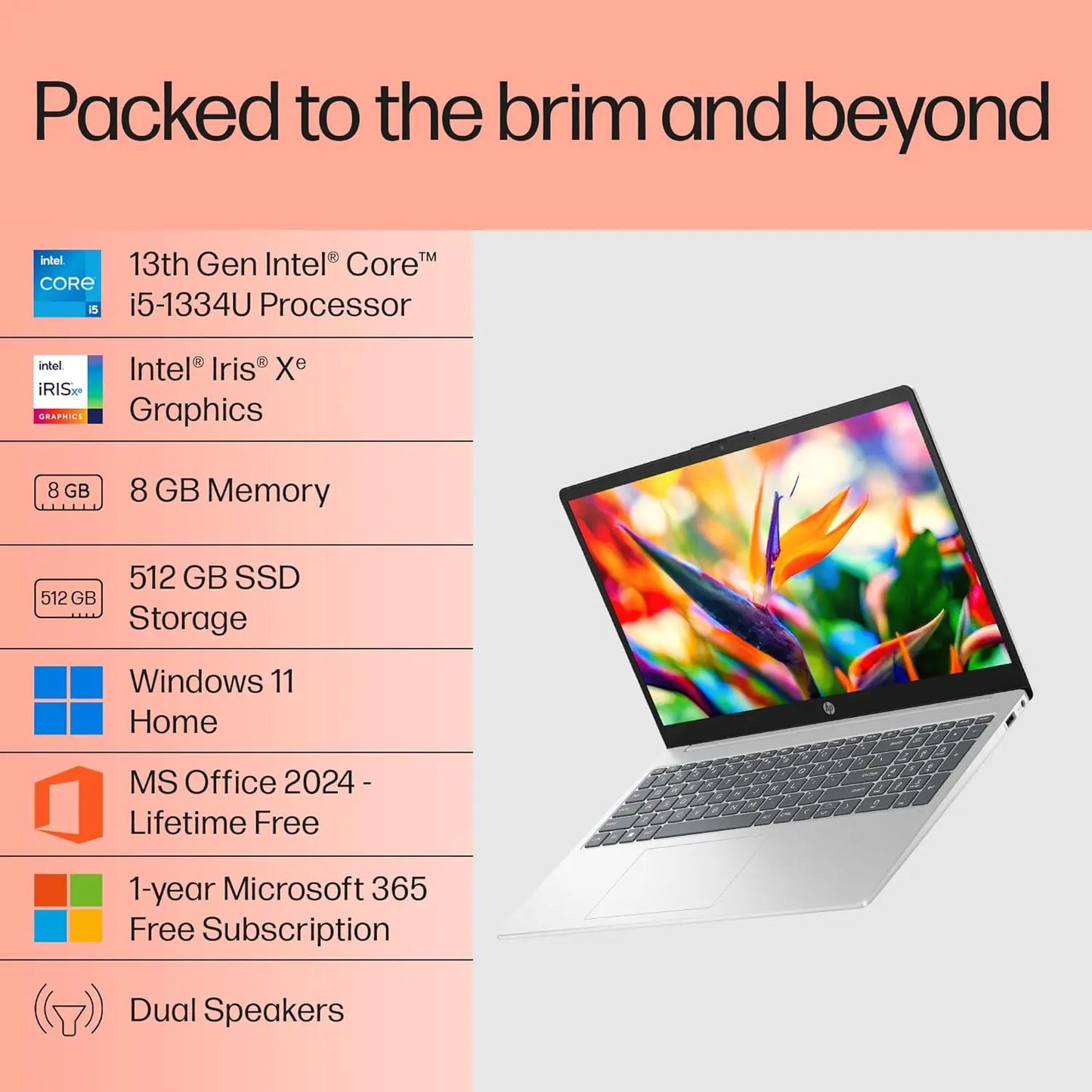 HP Laptop 15-fd0466TU 13th Gen Intel Core i5 Processor/8GB Ram/512GB SSD/Win11/Intel Iris Xe graphics/Microsoft365 Office2024/15.6 Inch Screen /Backlit Silver