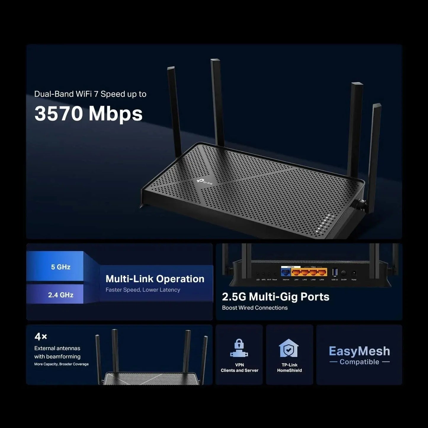 TP-Link BE3600 Archer BE230 Dual-Band Whole Home EasyMesh Wi-Fi 7 Router