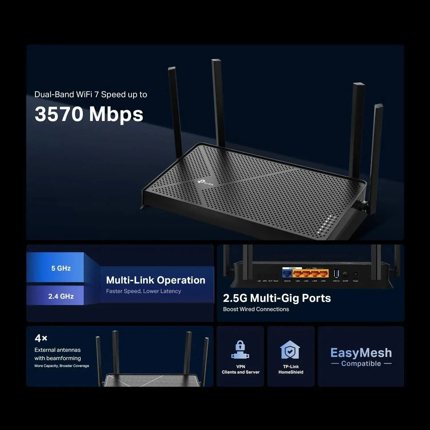 TP-Link BE3600 Archer BE230 Dual-Band Whole Home EasyMesh Wi-Fi 7 Router