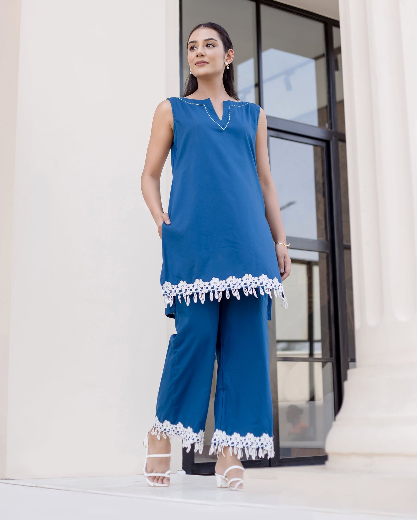 Cyan Blue Solid Cotton Coord Set Quick Cart