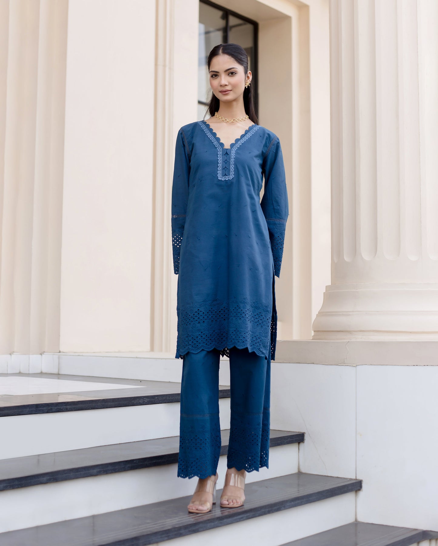 Shrub Teal Blue Solid Cotton Schiffli Coord Set Quick Cart