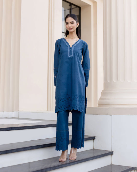 Shrub Teal Blue Solid Cotton Schiffli Coord Set Quick Cart