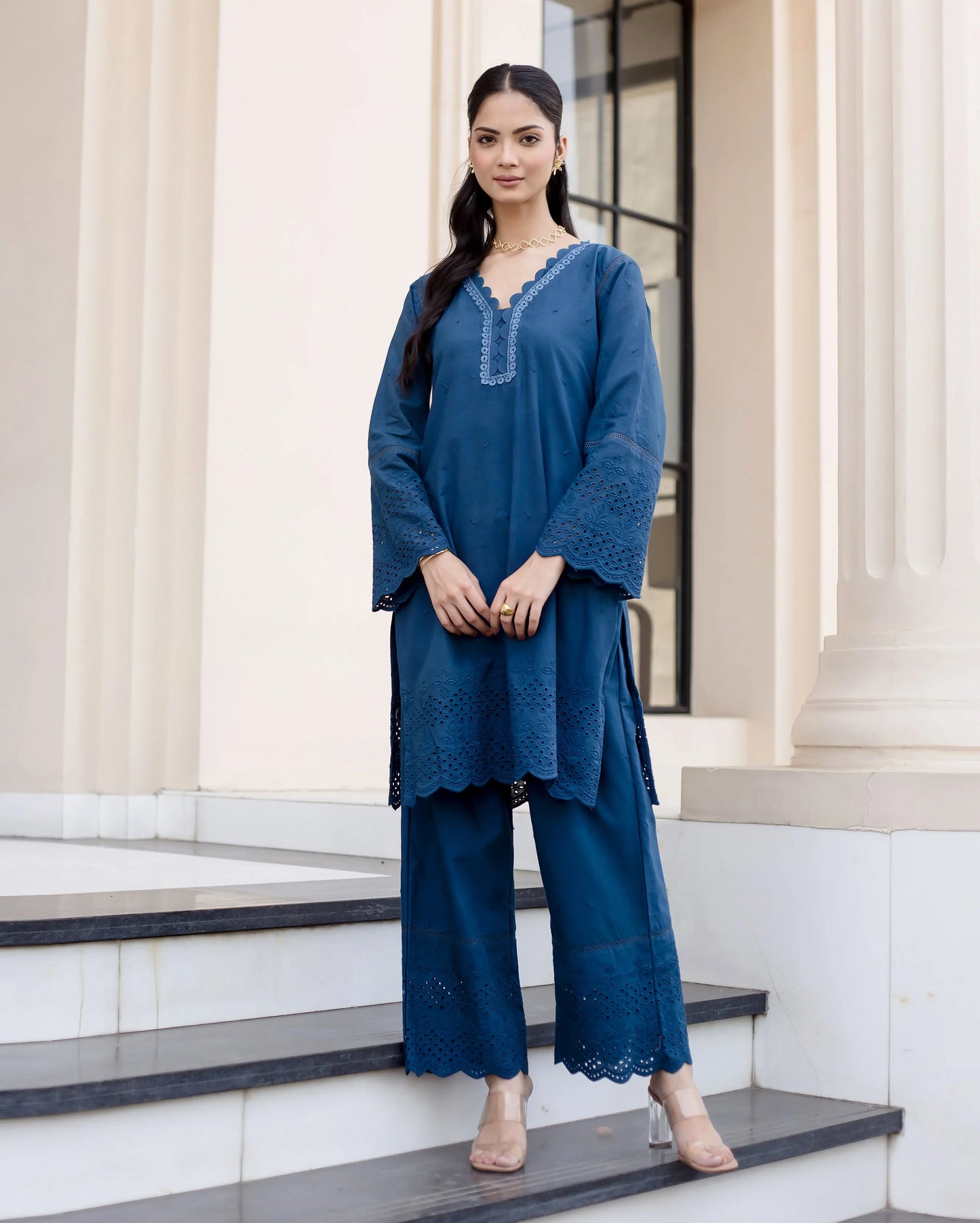 Shrub Teal Blue Solid Cotton Schiffli Coord Set My Store