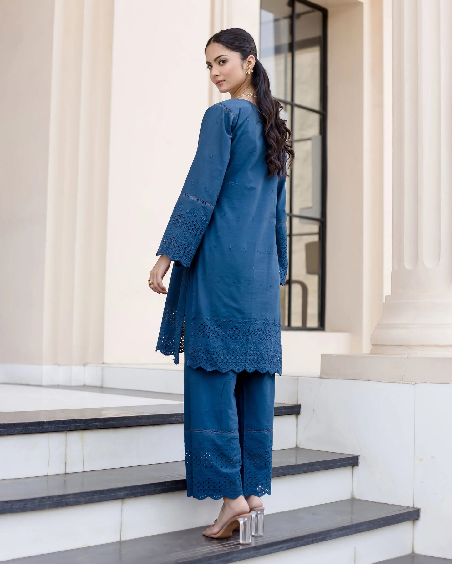 Shrub Teal Blue Solid Cotton Schiffli Coord Set My Store