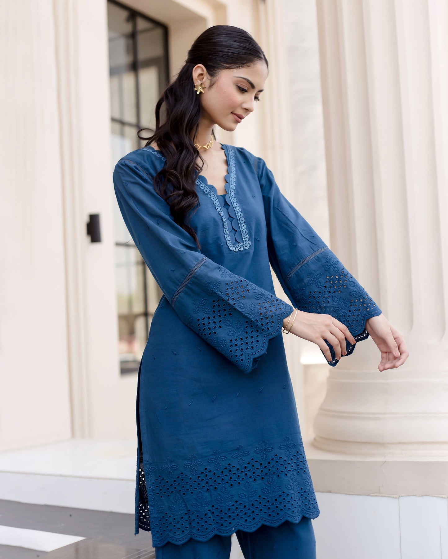 Shrub Teal Blue Solid Cotton Schiffli Coord Set Quick Cart