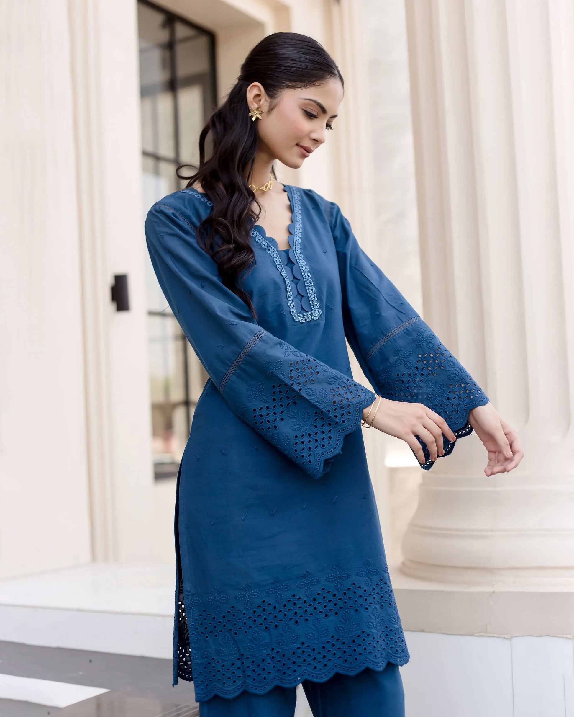 Shrub Teal Blue Solid Cotton Schiffli Coord Set My Store