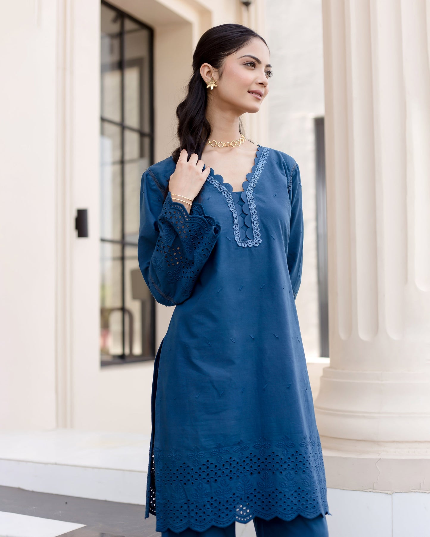 Shrub Teal Blue Solid Cotton Schiffli Coord Set Quick Cart