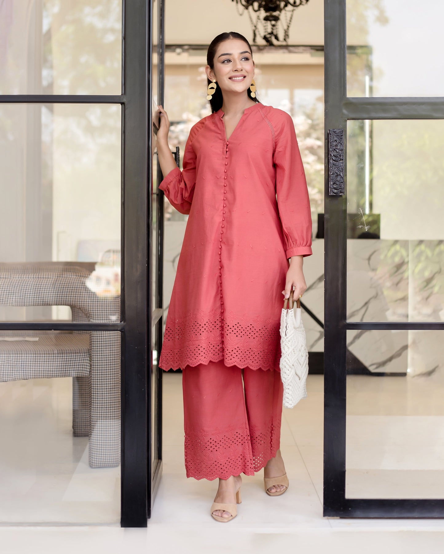 Poppies Red Solid Cotton Schiffli Coord Set Quick Cart