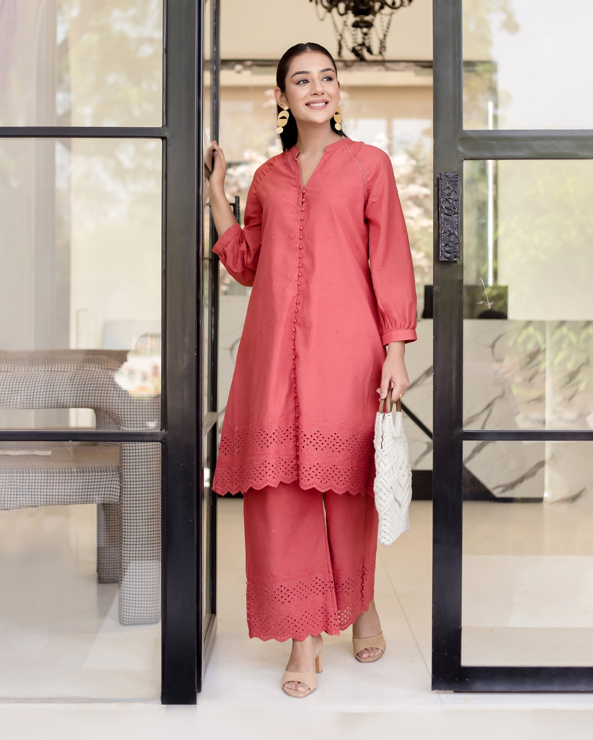 Poppies Red Solid Cotton Schiffli Coord Set Quick Cart