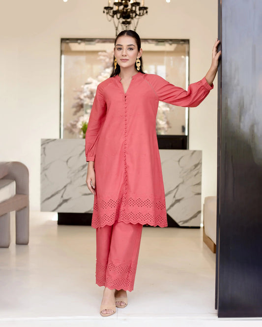 Poppies Red Solid Cotton Schiffli Coord Set My Store