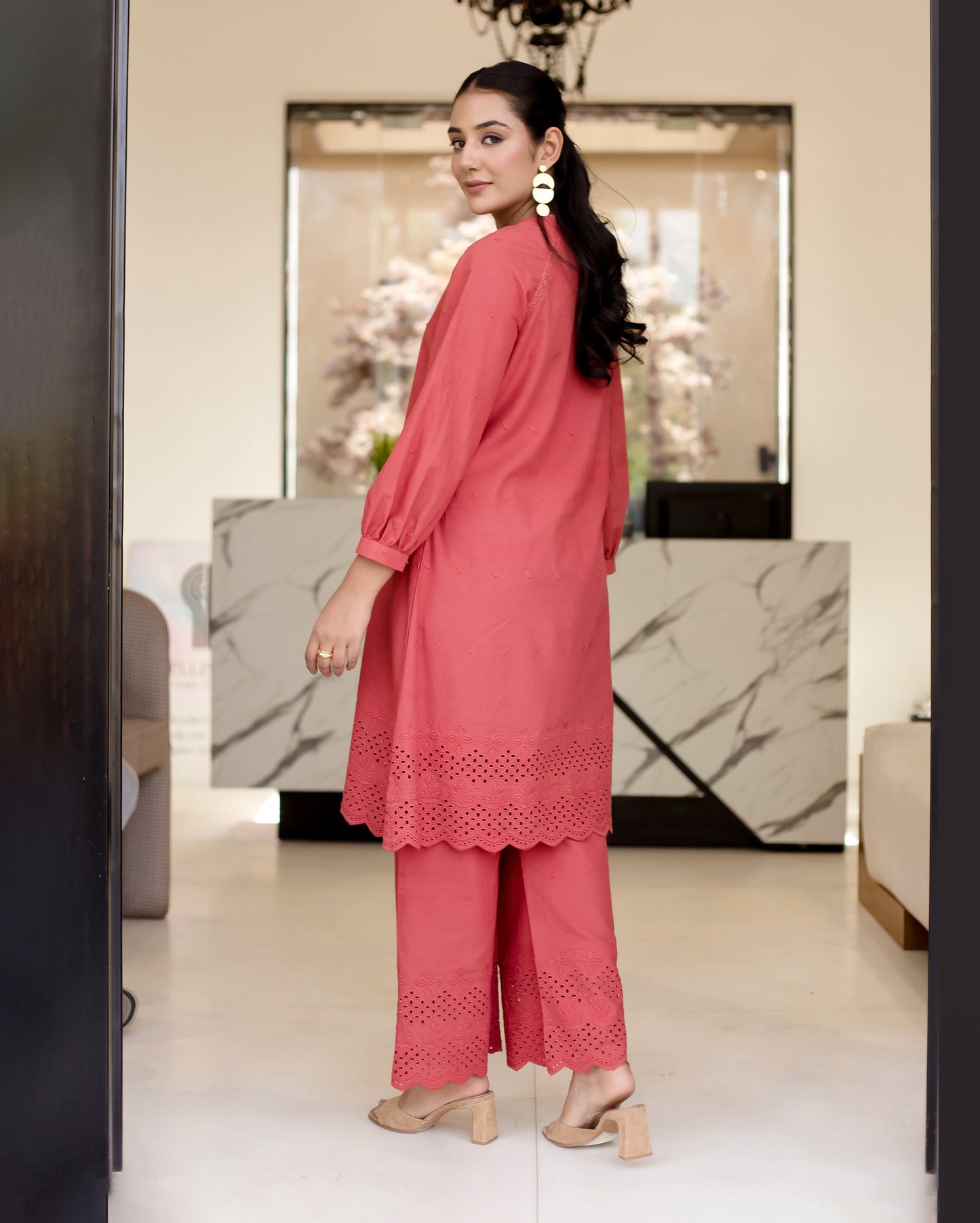 Poppies Red Solid Cotton Schiffli Coord Set Quick Cart