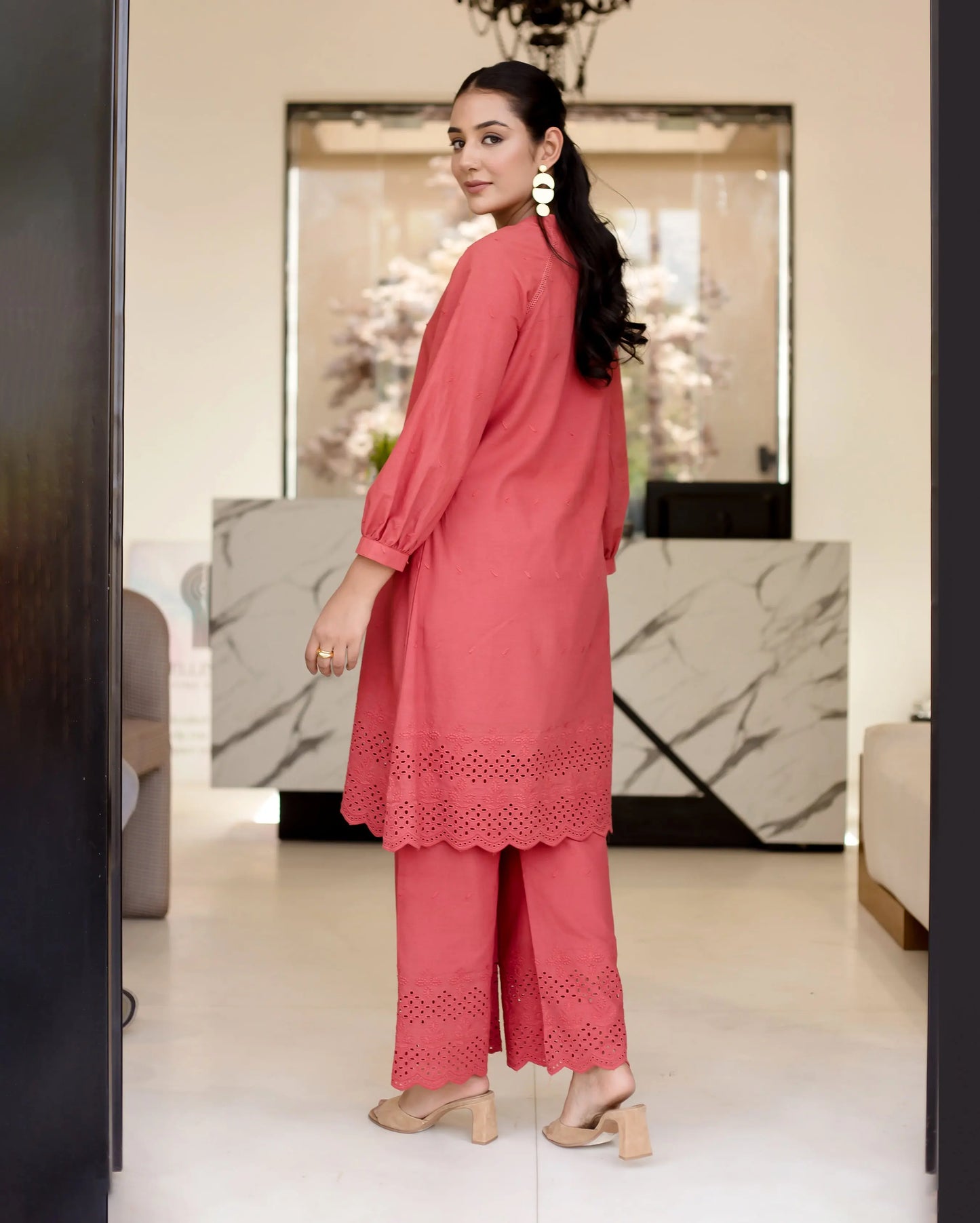 Poppies Red Solid Cotton Schiffli Coord Set My Store