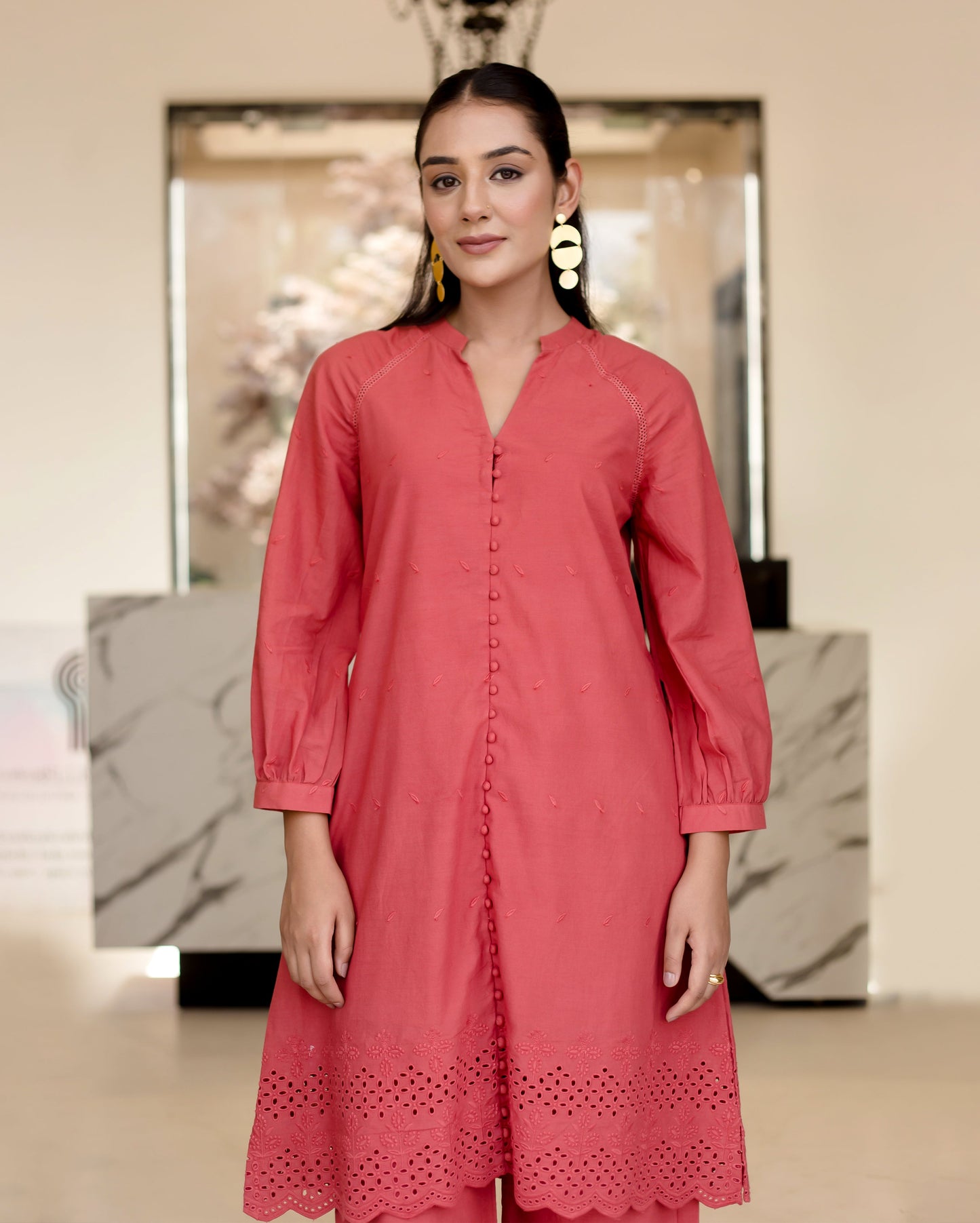 Poppies Red Solid Cotton Schiffli Coord Set Quick Cart