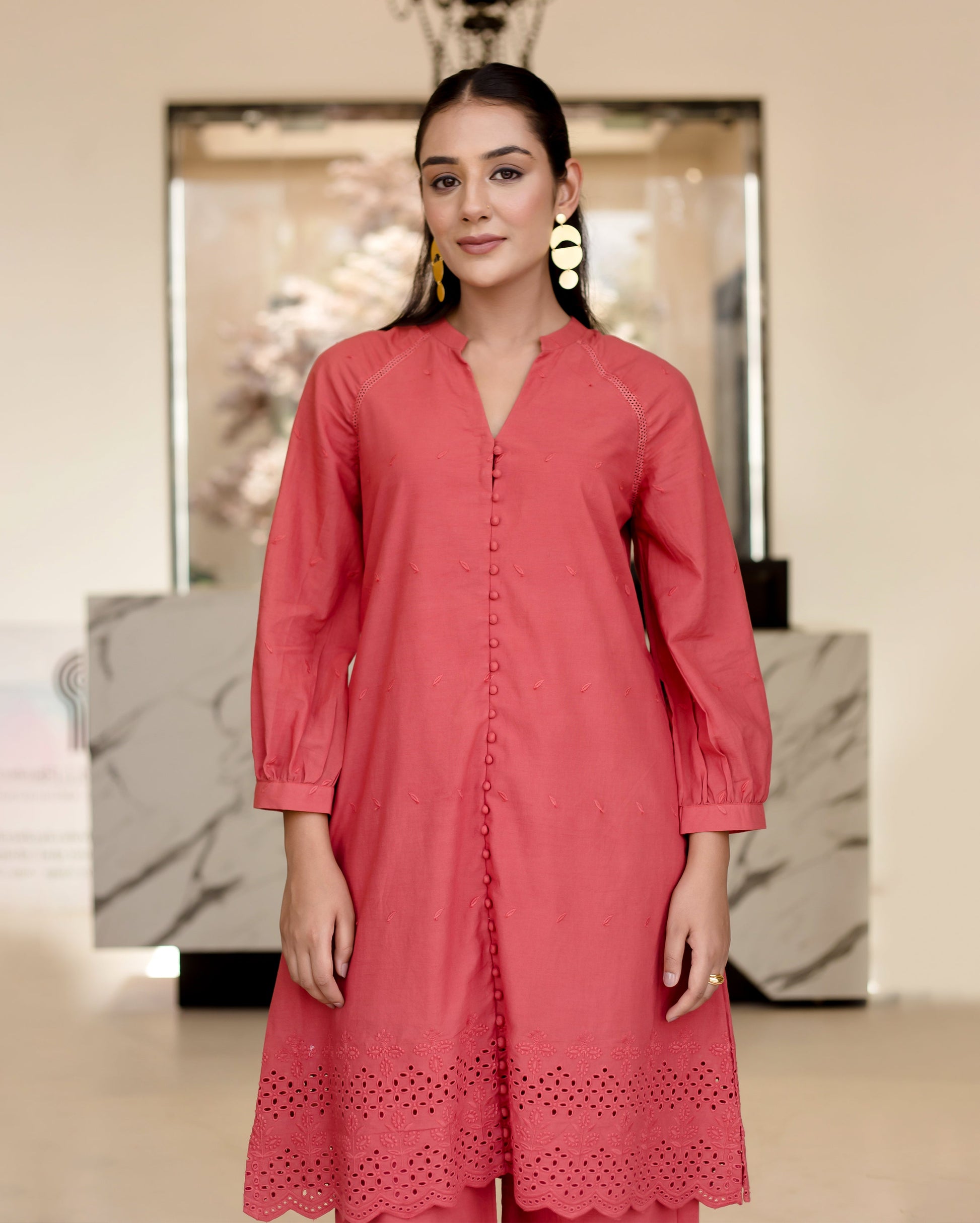 Poppies Red Solid Cotton Schiffli Coord Set Quick Cart