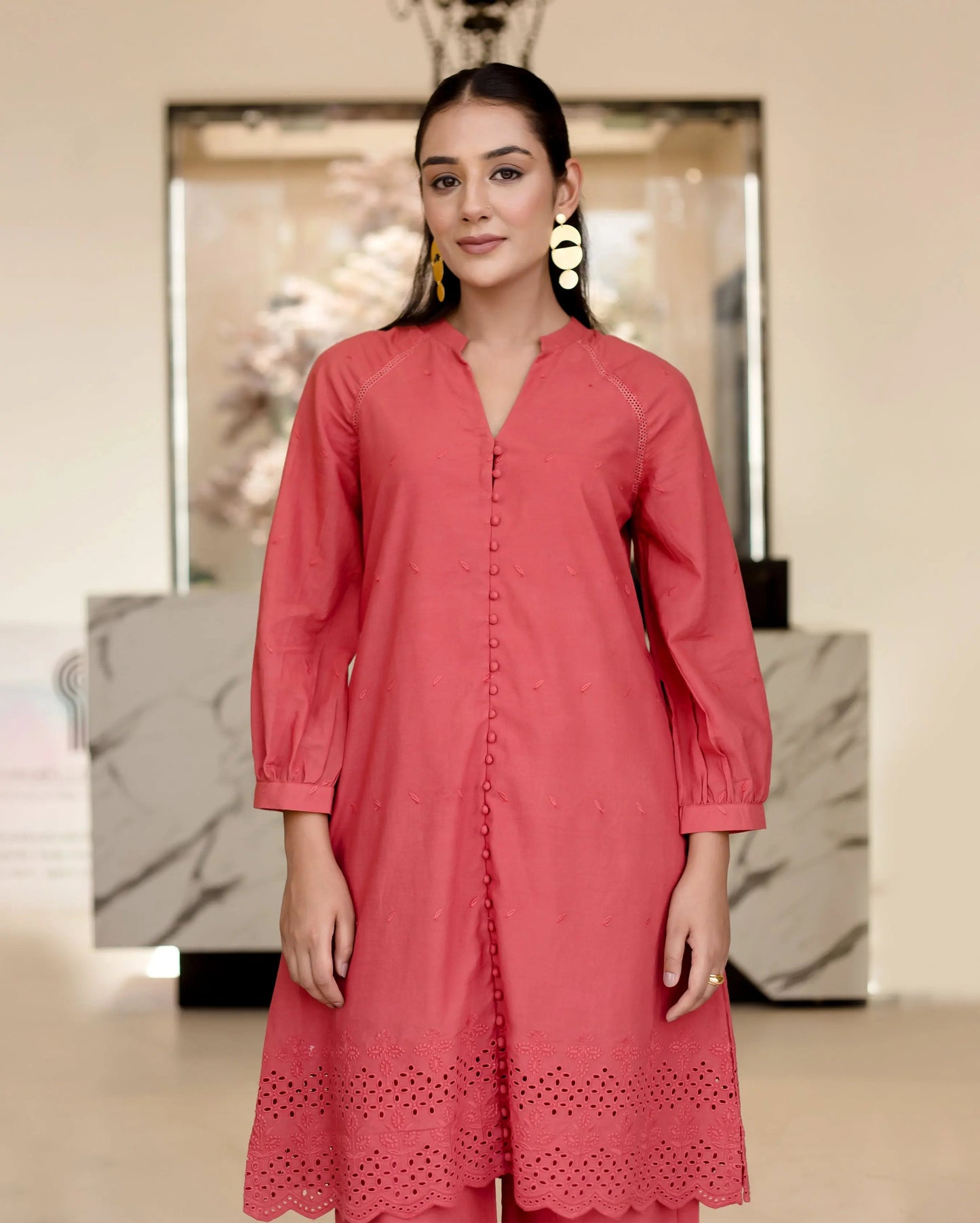 Poppies Red Solid Cotton Schiffli Coord Set My Store