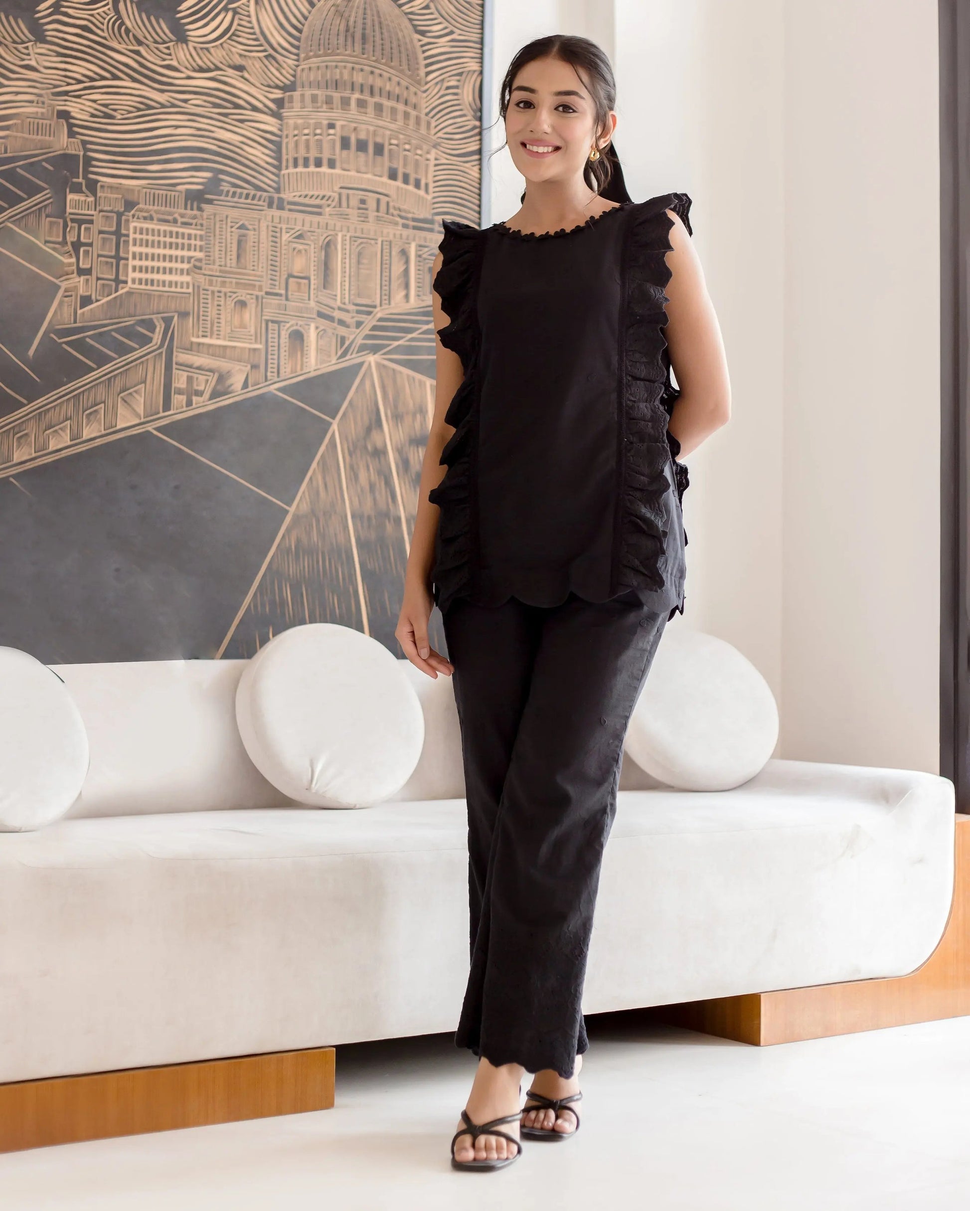 Raven Black Solid Cotton Schiffli Coord Set My Store