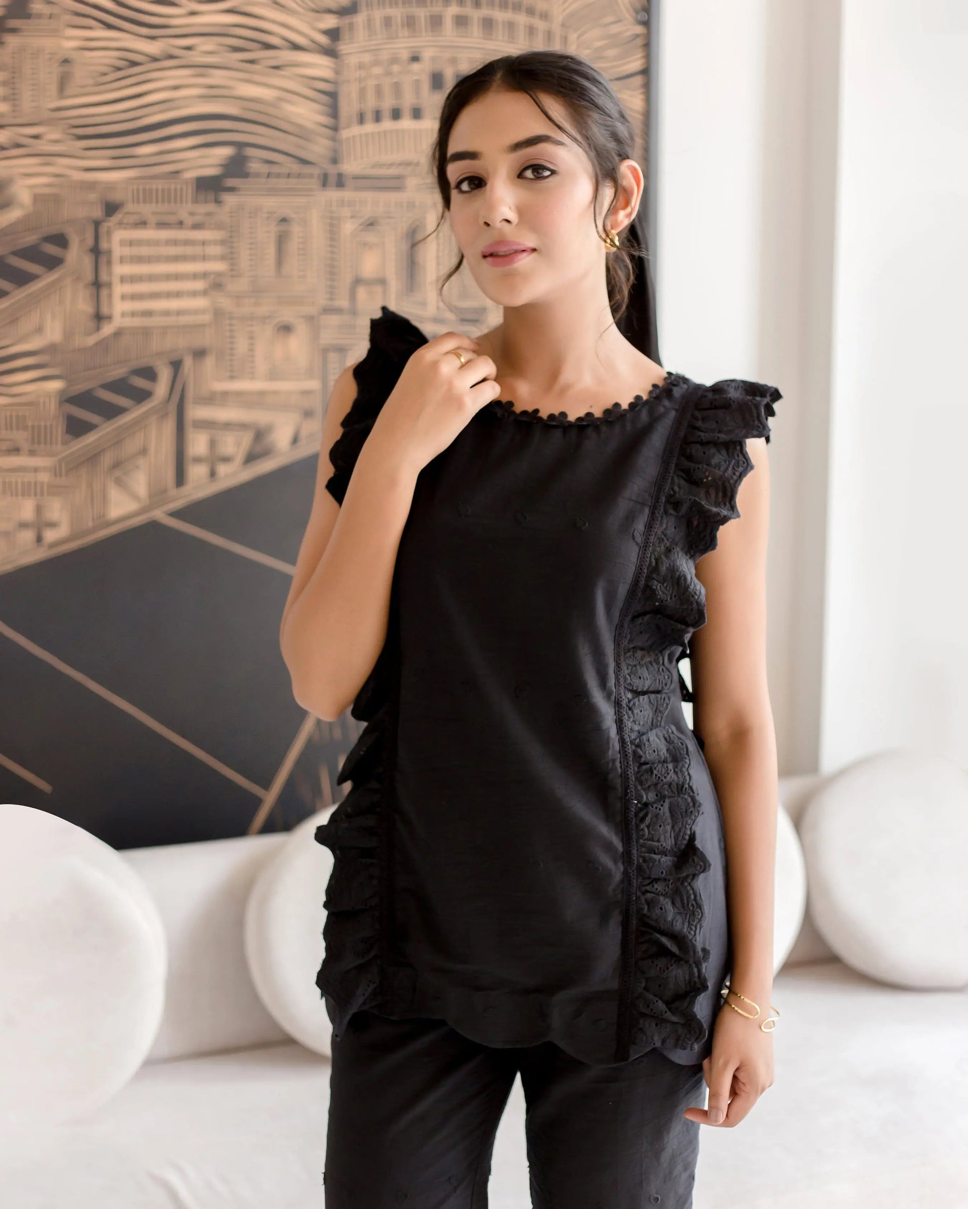 Raven Black Solid Cotton Schiffli Coord Set My Store