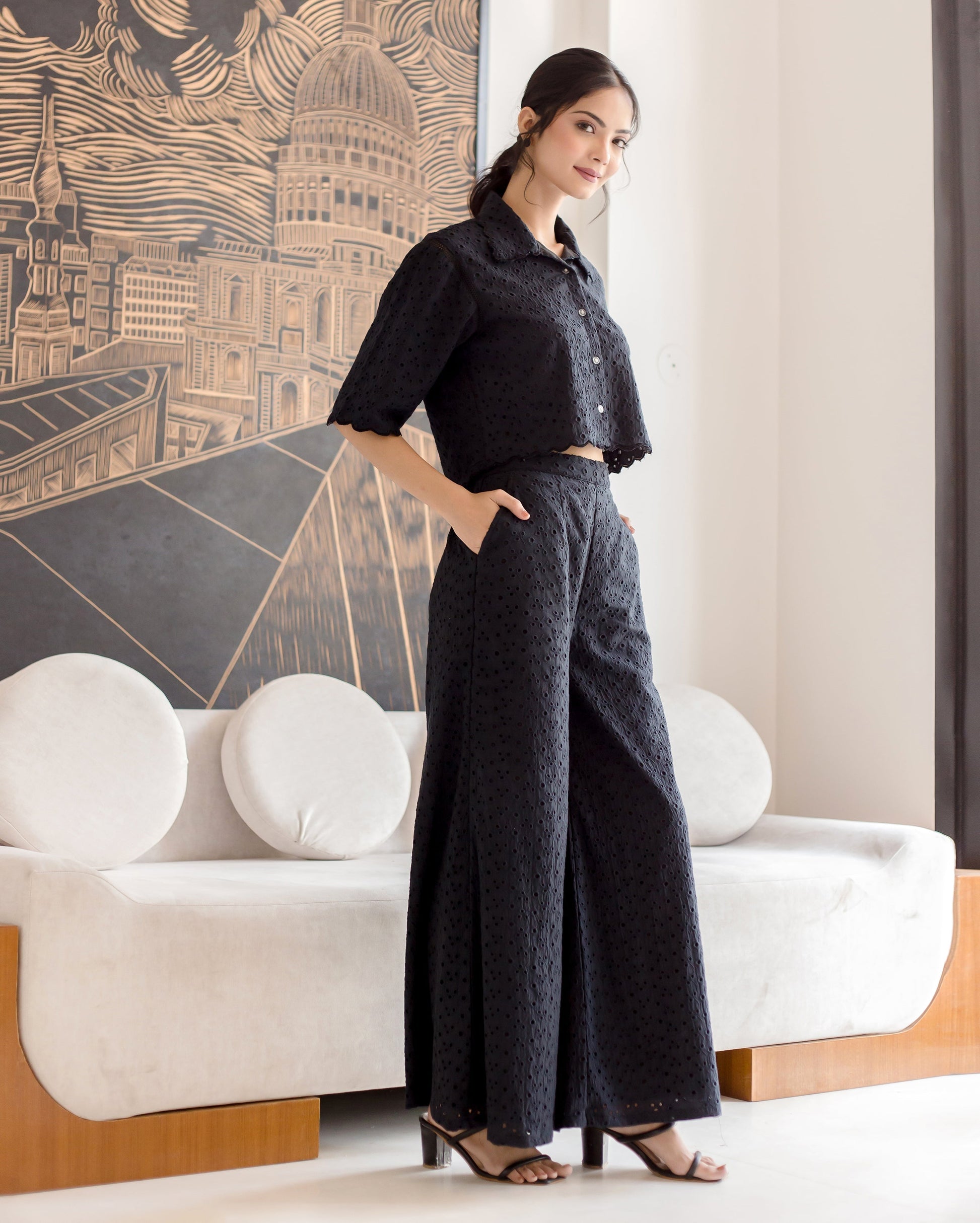 Susan Black Solid Cotton Schiffli Coord Set Quick Cart