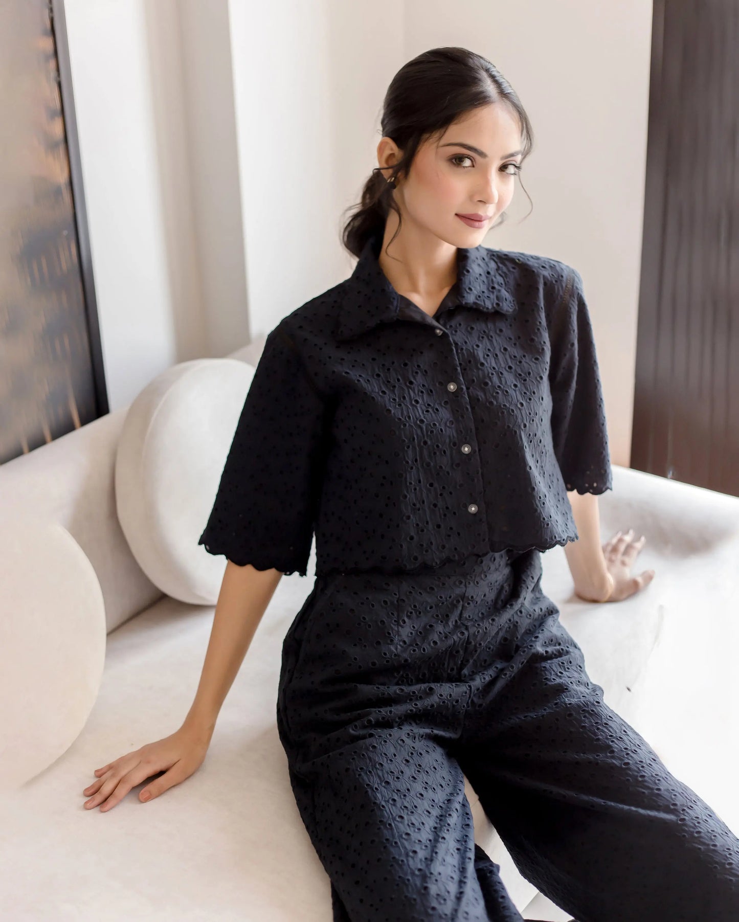 Susan Black Solid Cotton Schiffli Coord Set My Store