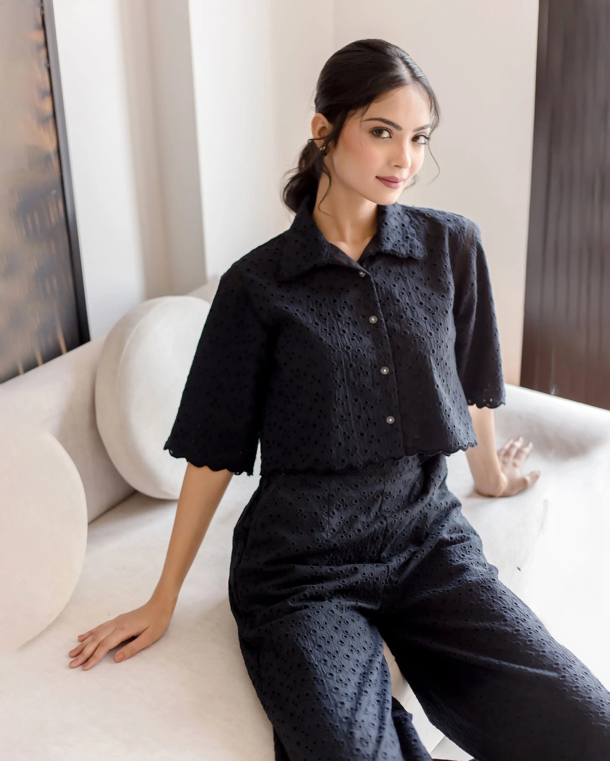 Susan Black Solid Cotton Schiffli Coord Set My Store