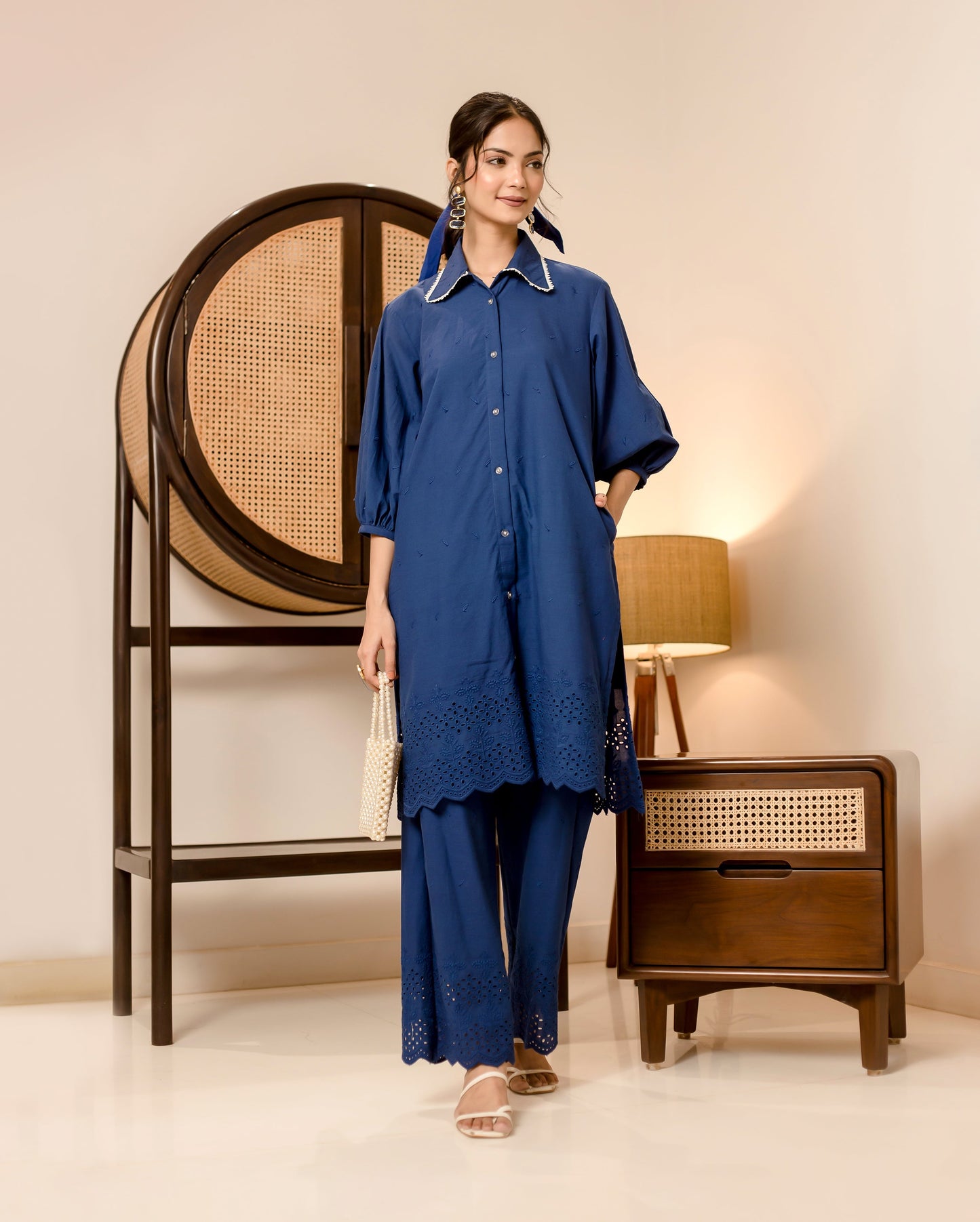 Pansy Blue Solid Cotton Schiffli Coord Set Quick Cart