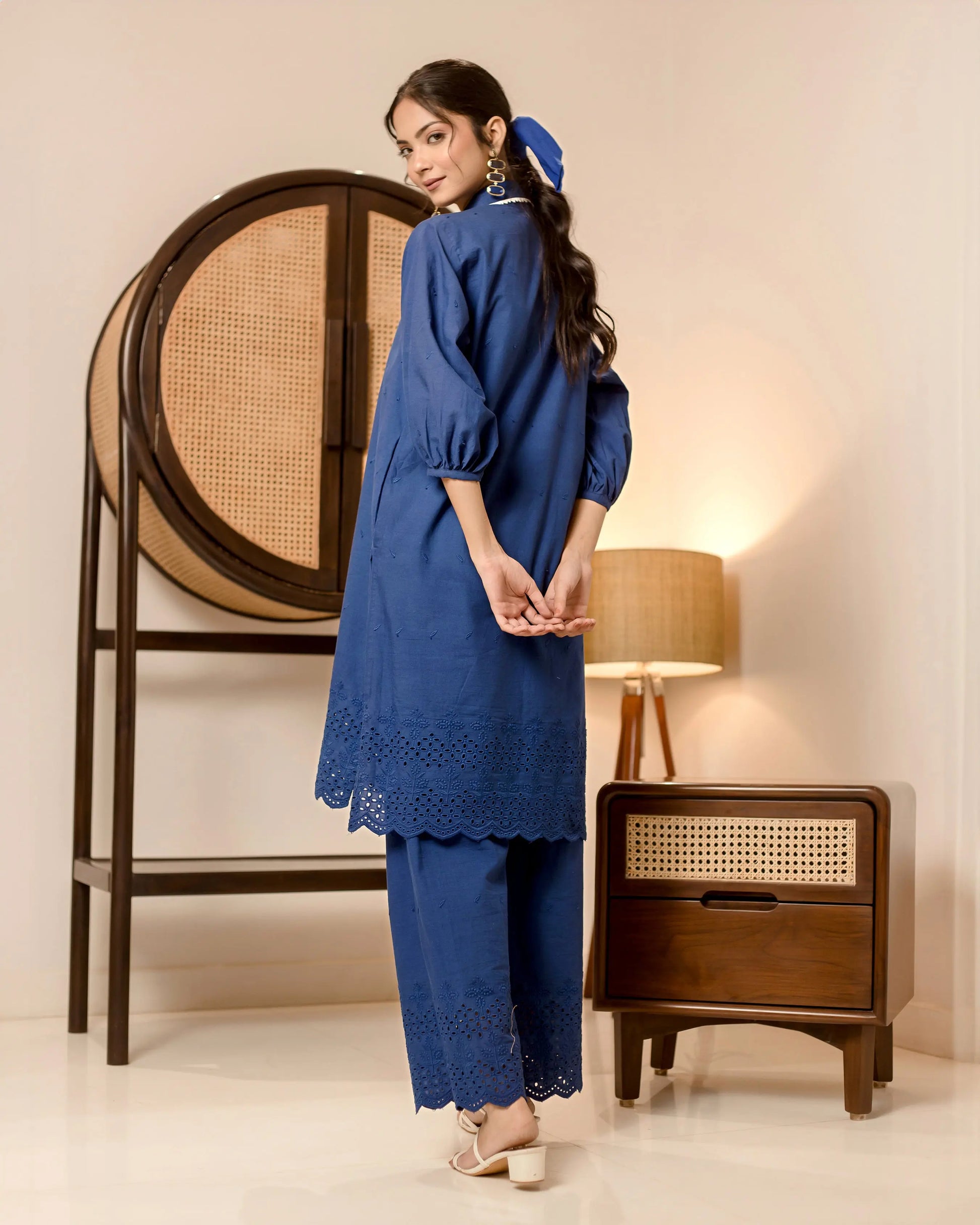 Pansy Blue Solid Cotton Schiffli Coord Set My Store