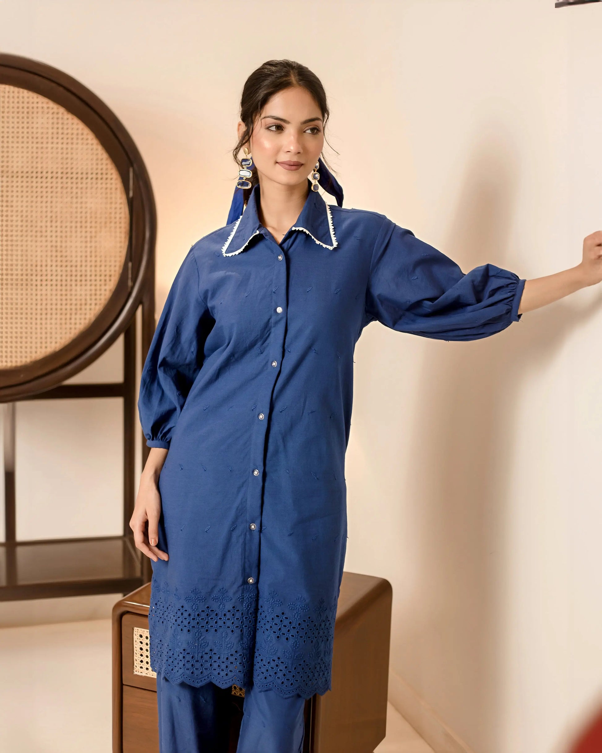 Pansy Blue Solid Cotton Schiffli Coord Set My Store