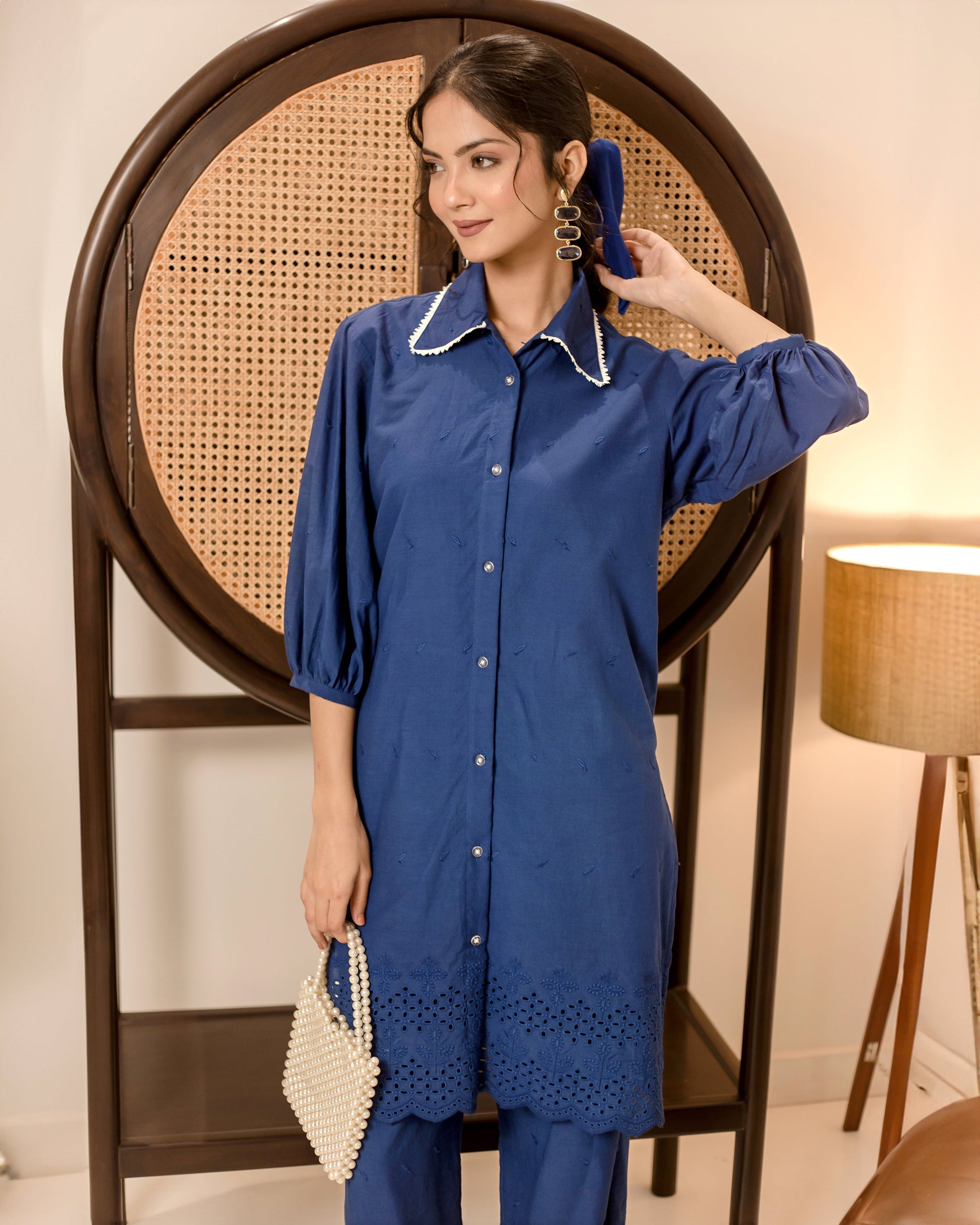 Pansy Blue Solid Cotton Schiffli Coord Set Quick Cart