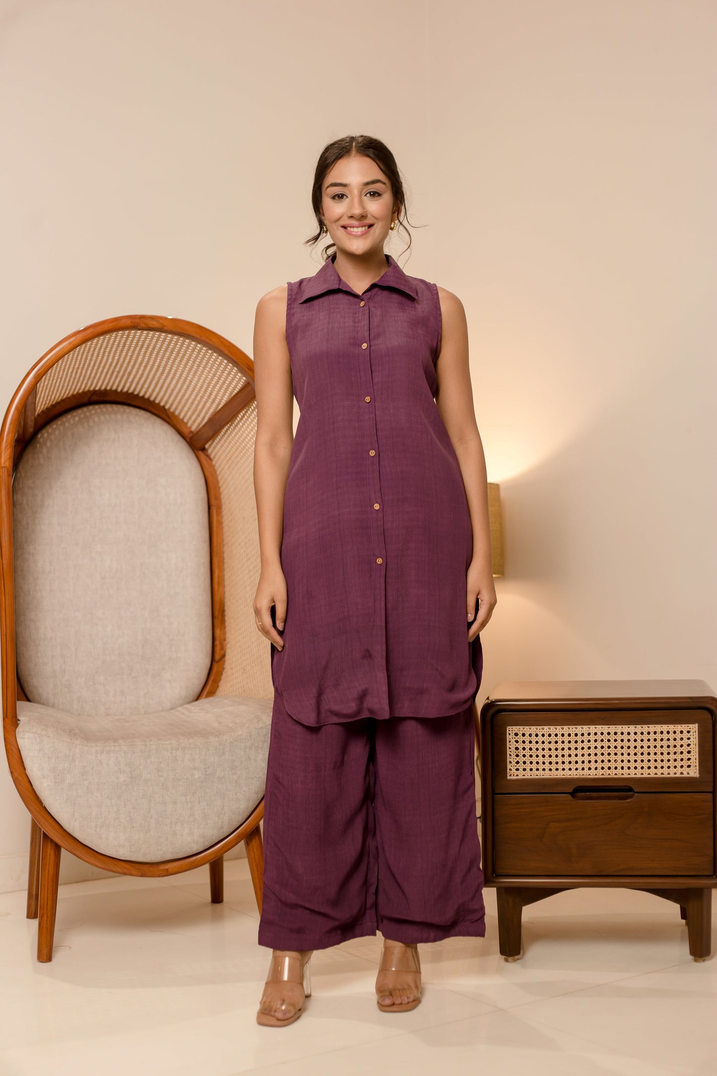 Diablo Purple Solid Moss Crepe Coord Set Quick Cart