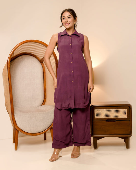 Diablo Purple Solid Moss Crepe Coord Set Quick Cart