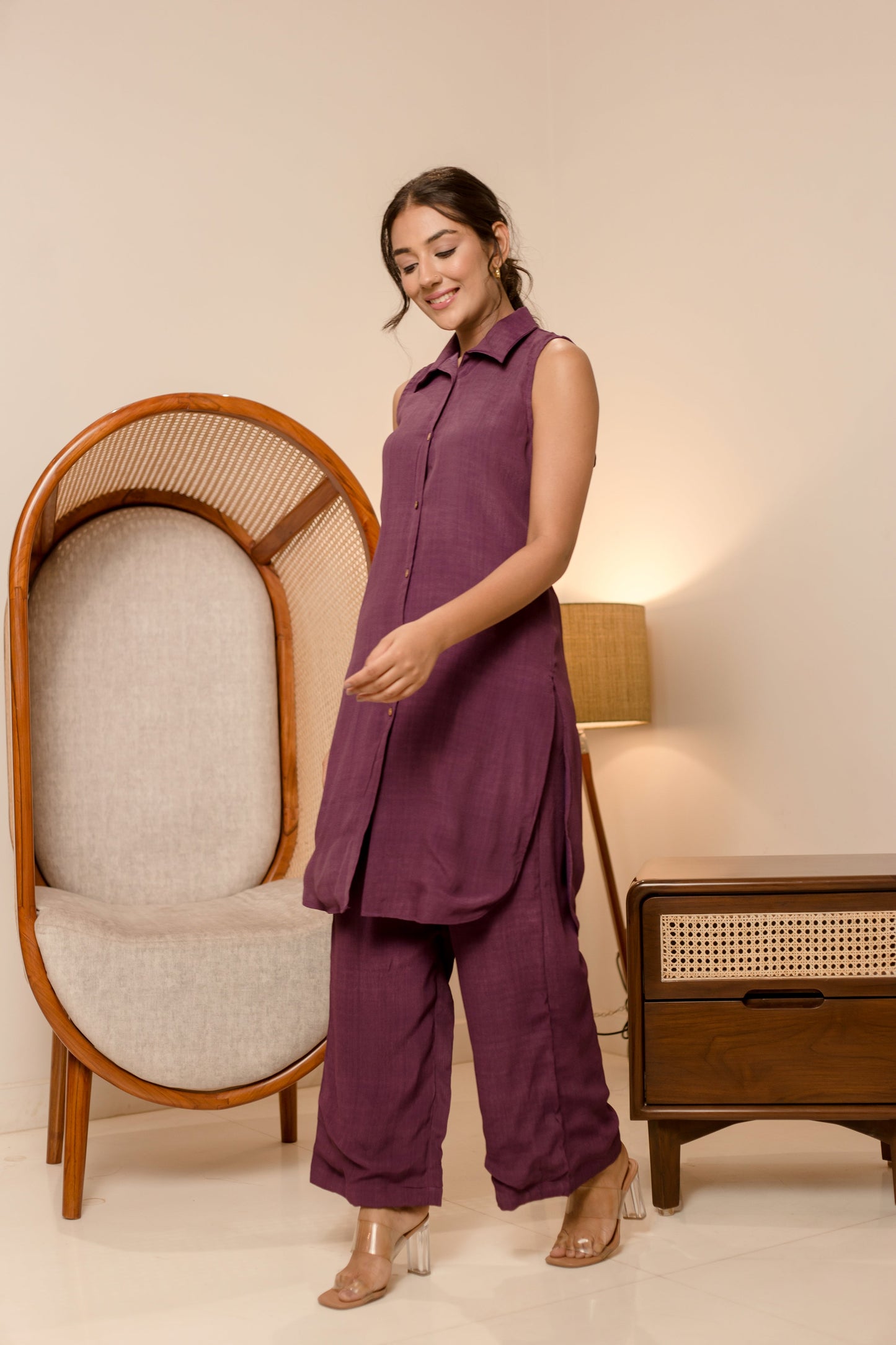 Diablo Purple Solid Moss Crepe Coord Set Quick Cart