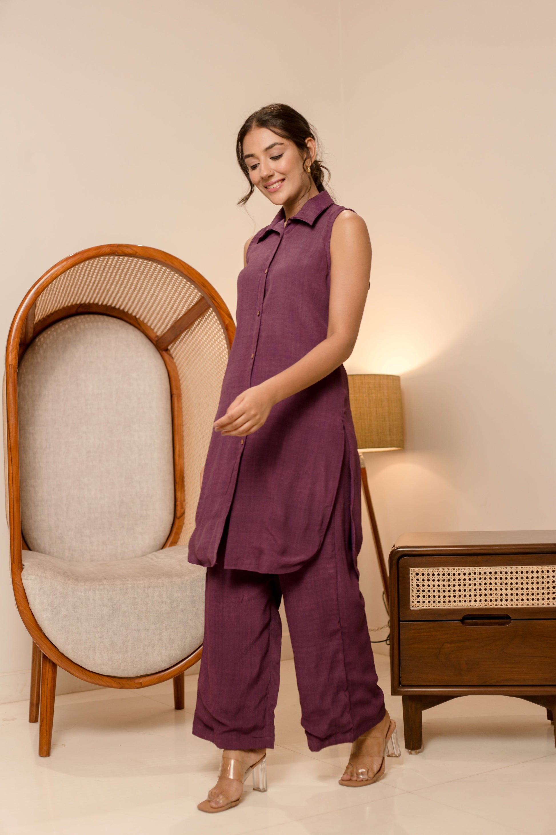 Diablo Purple Solid Moss Crepe Coord Set Quick Cart