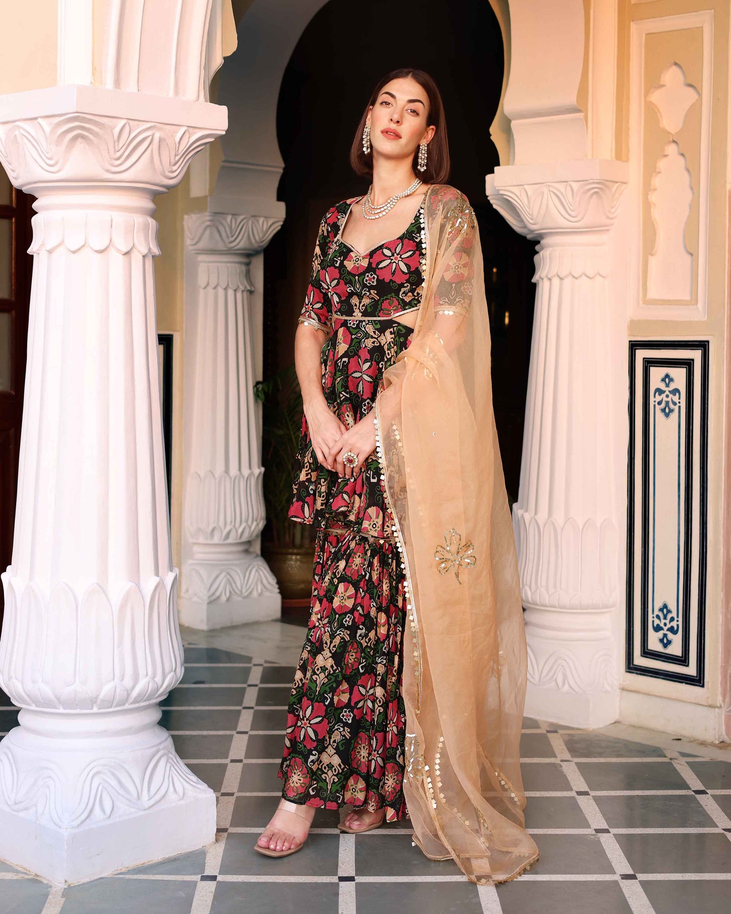 Black Orchid Bouquet Printed Chinon Sharara Set Quick Cart