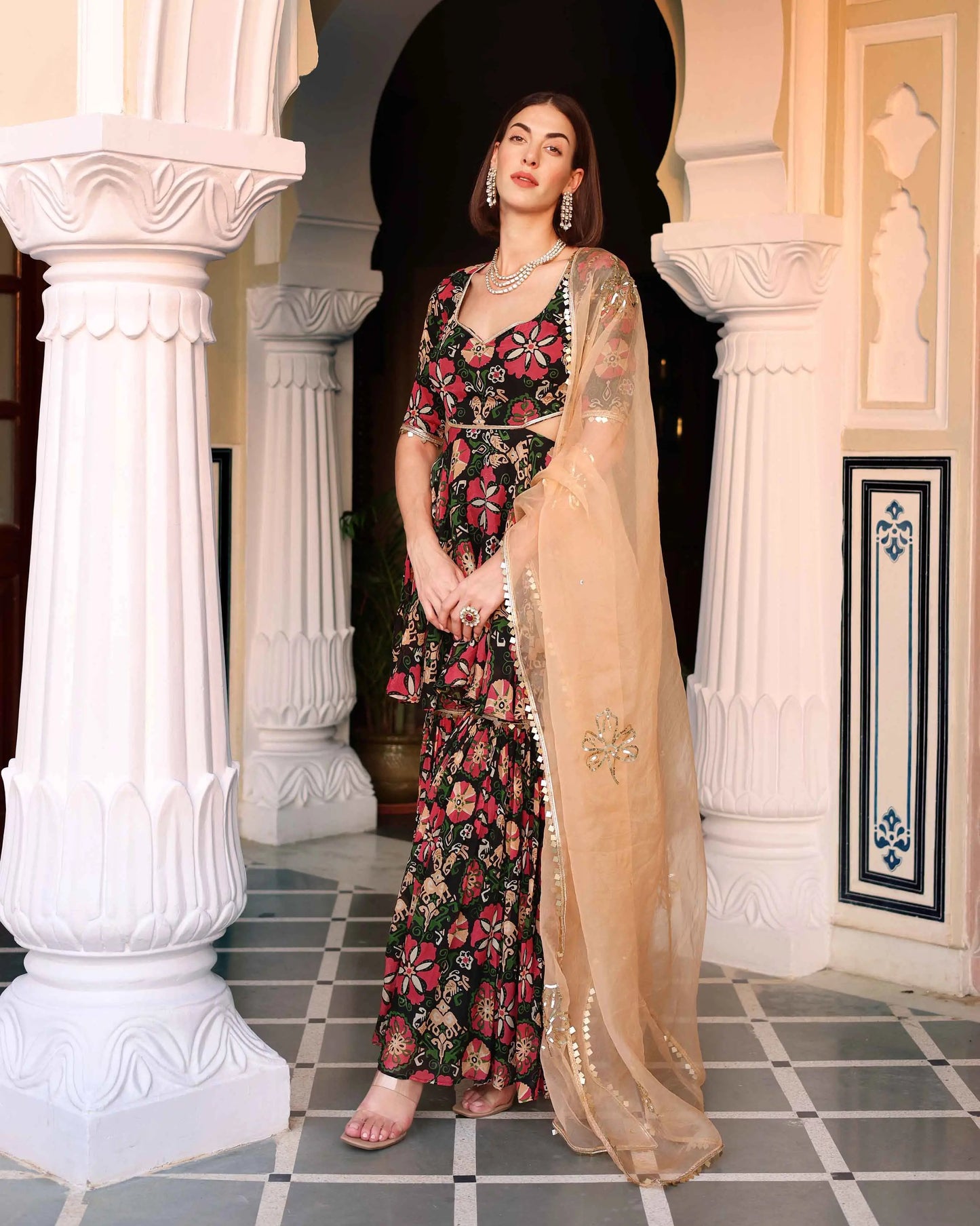 Black Orchid Bouquet Printed Chinon Sharara Set My Store