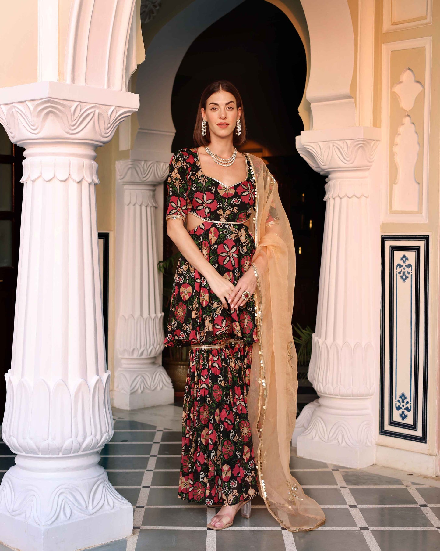 Black Orchid Bouquet Printed Chinon Sharara Set Quick Cart