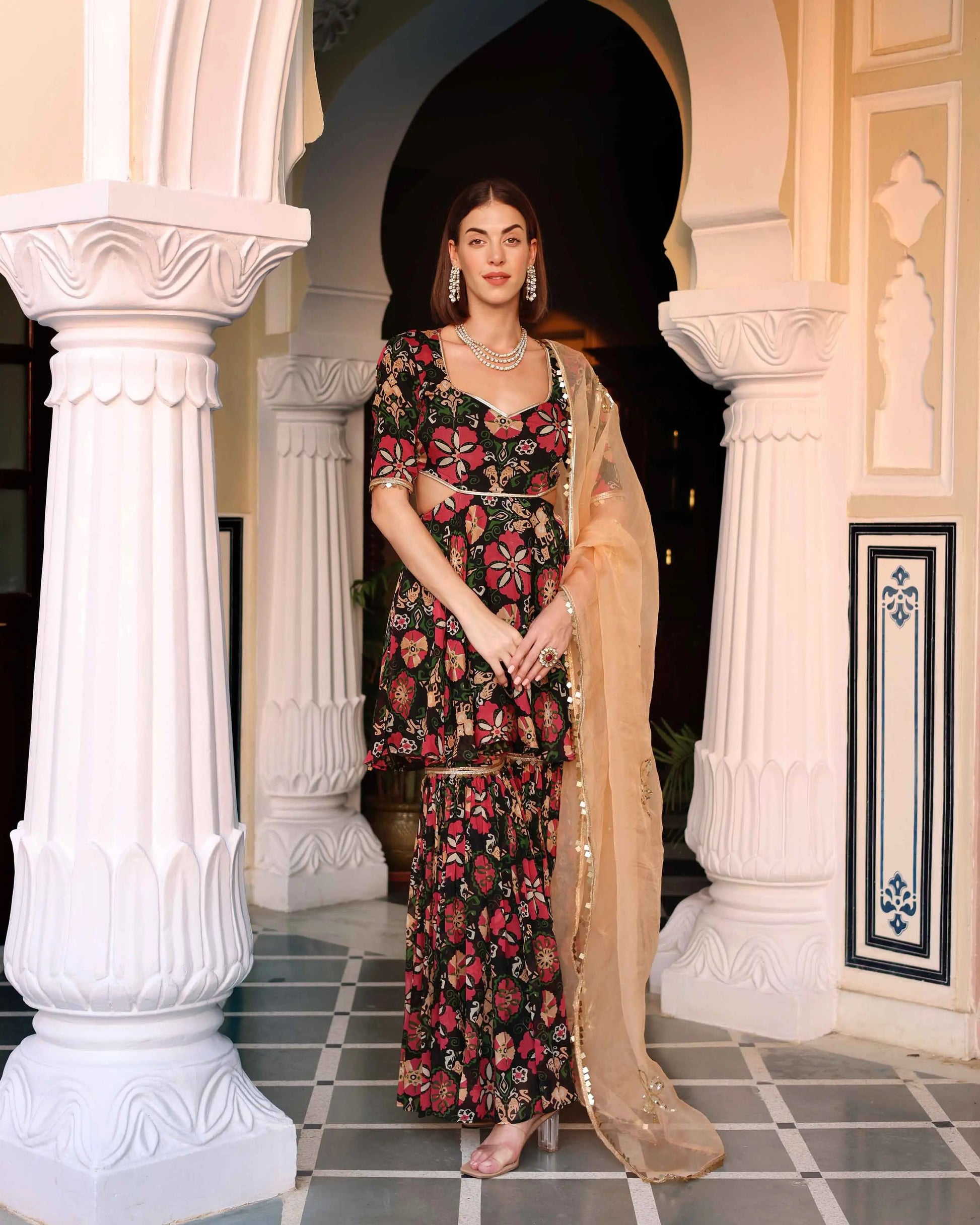 Black Orchid Bouquet Printed Chinon Sharara Set My Store