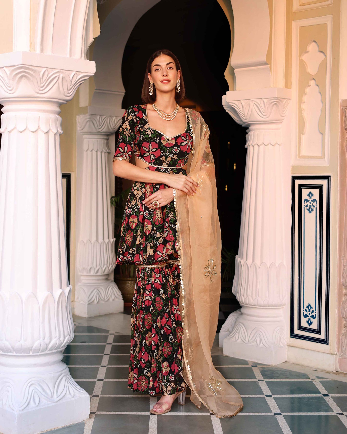 Black Orchid Bouquet Printed Chinon Sharara Set Quick Cart