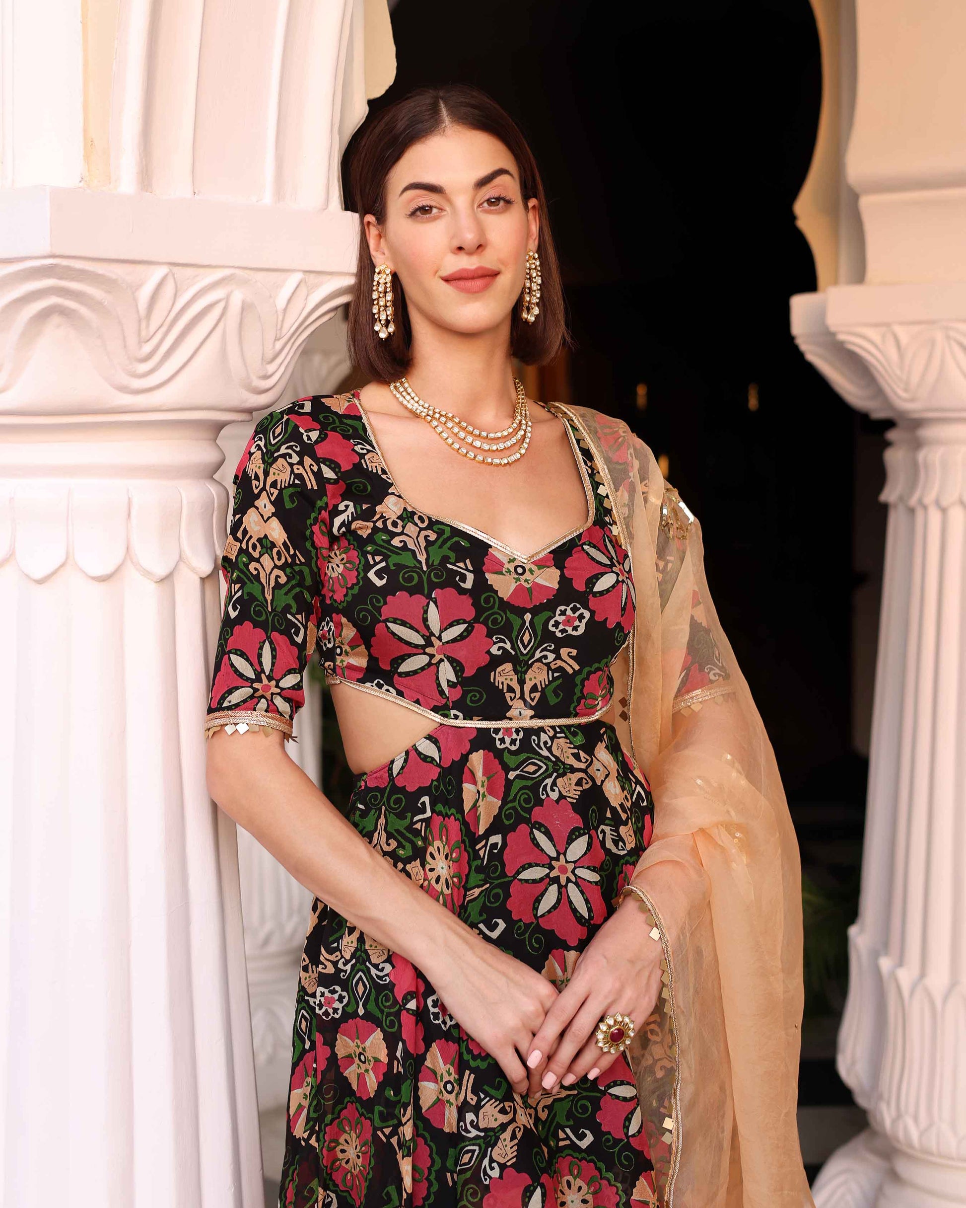 Black Orchid Bouquet Printed Chinon Sharara Set Quick Cart