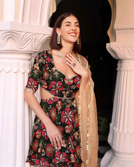 Black Orchid Bouquet Printed Chinon Sharara Set My Store