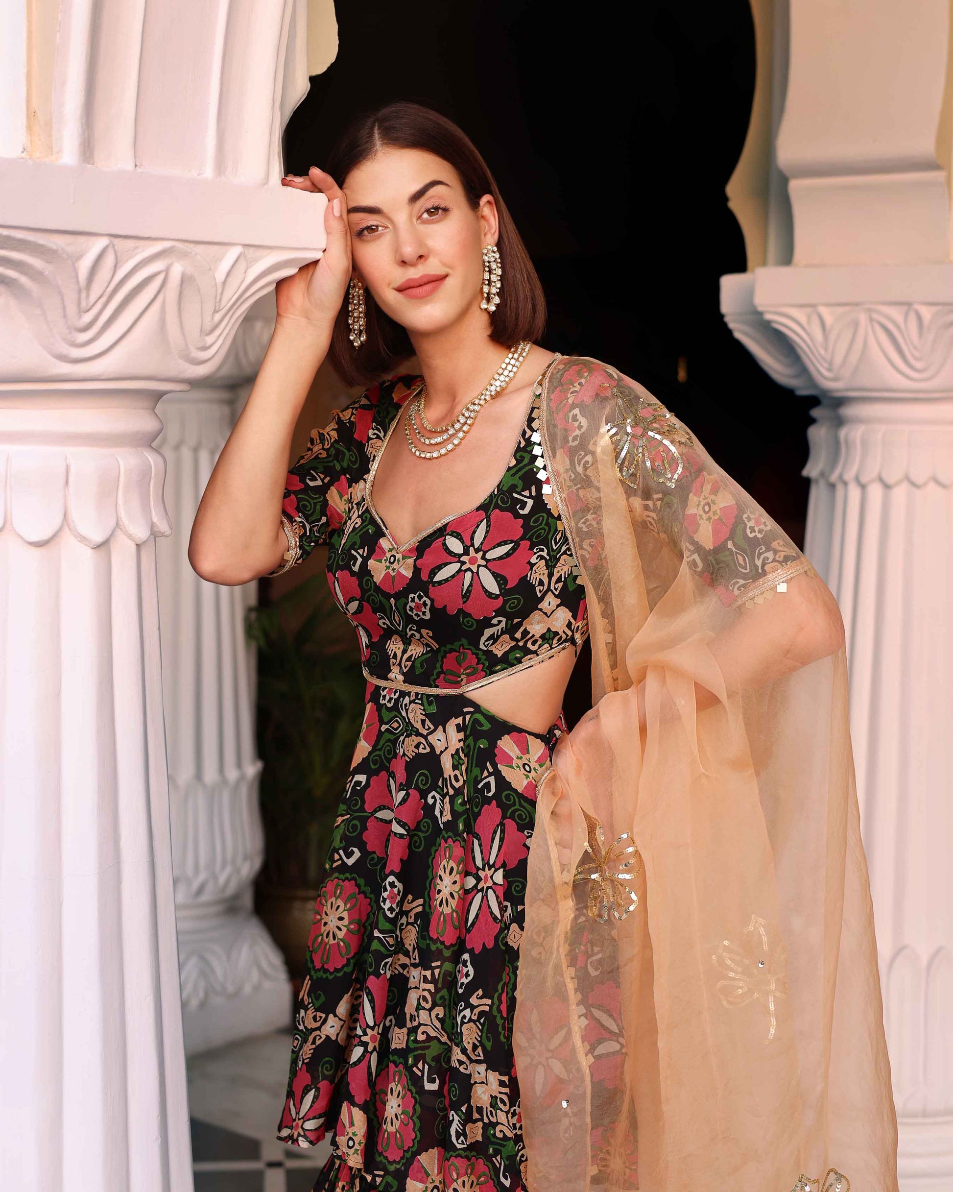 Black Orchid Bouquet Printed Chinon Sharara Set My Store